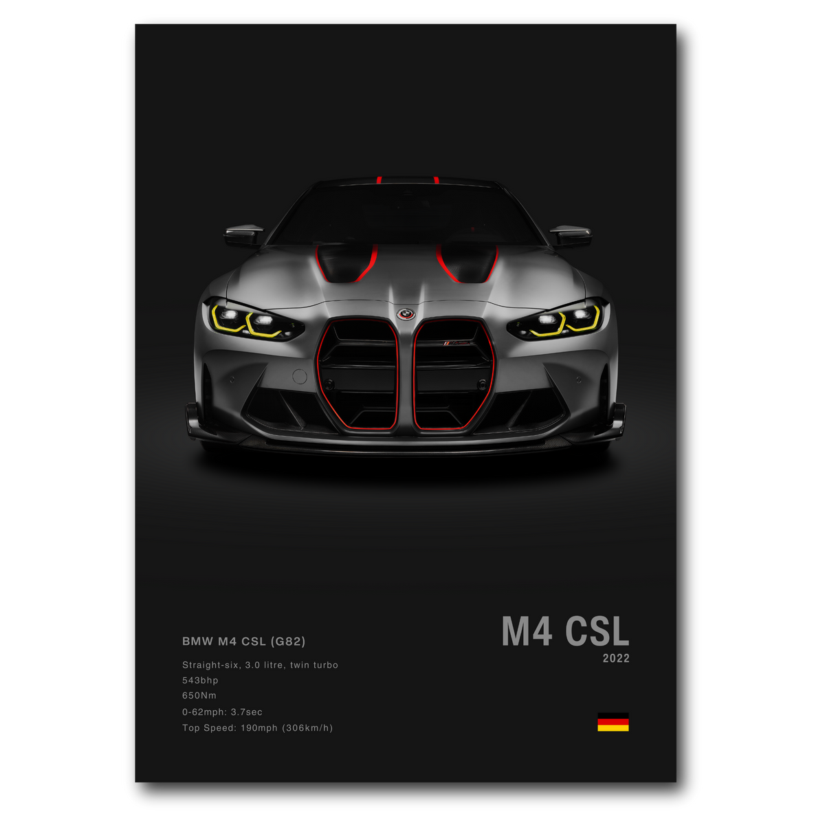 A poster featuring the BMW M4 CSL (G82) with a dark background that highlights the car's front profile, including its grille and headlights. Minimalist poster with car specifications.