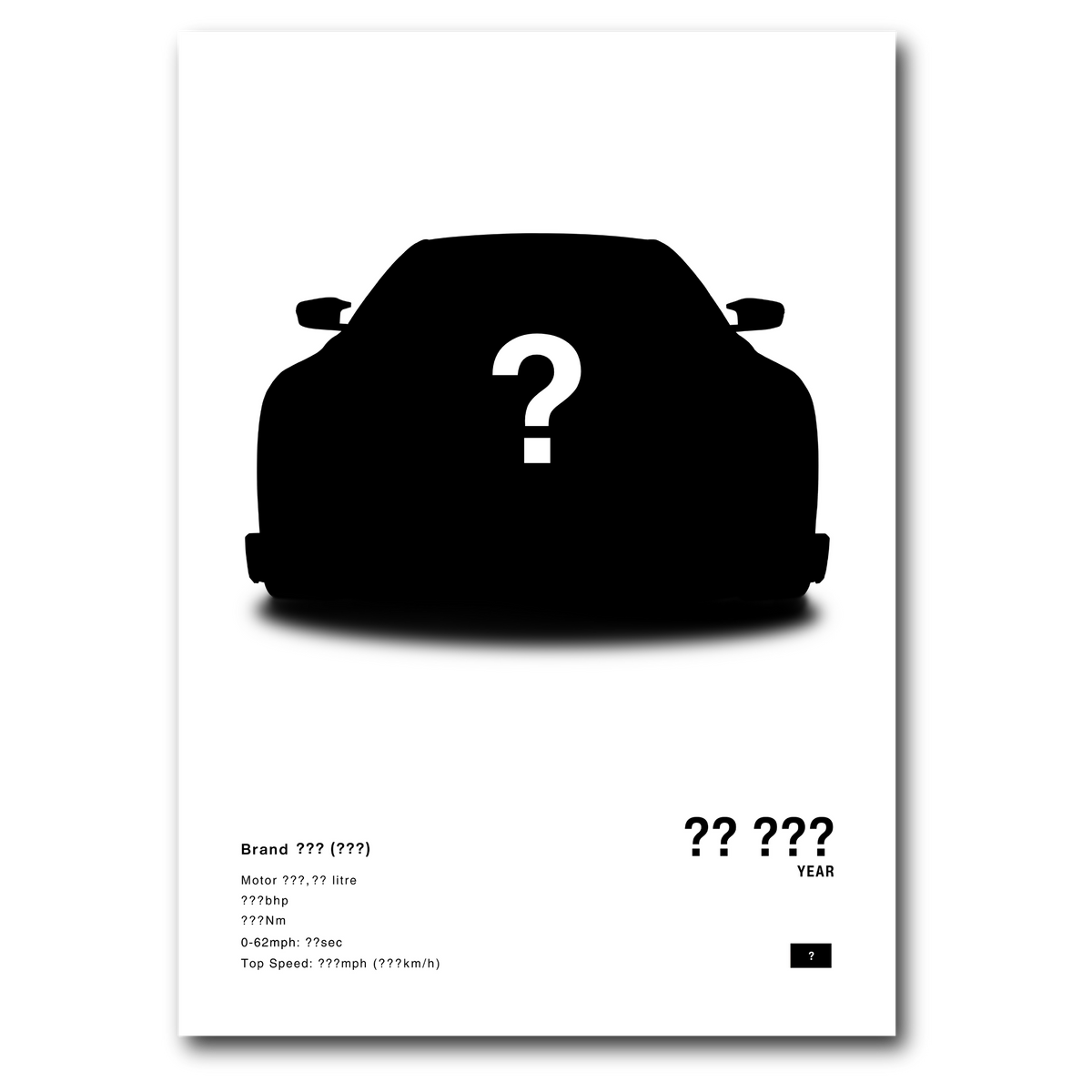 A white custom-designed minimalist posters of cars, with prominent features such as the car's silhouette and text, representing the product offering.