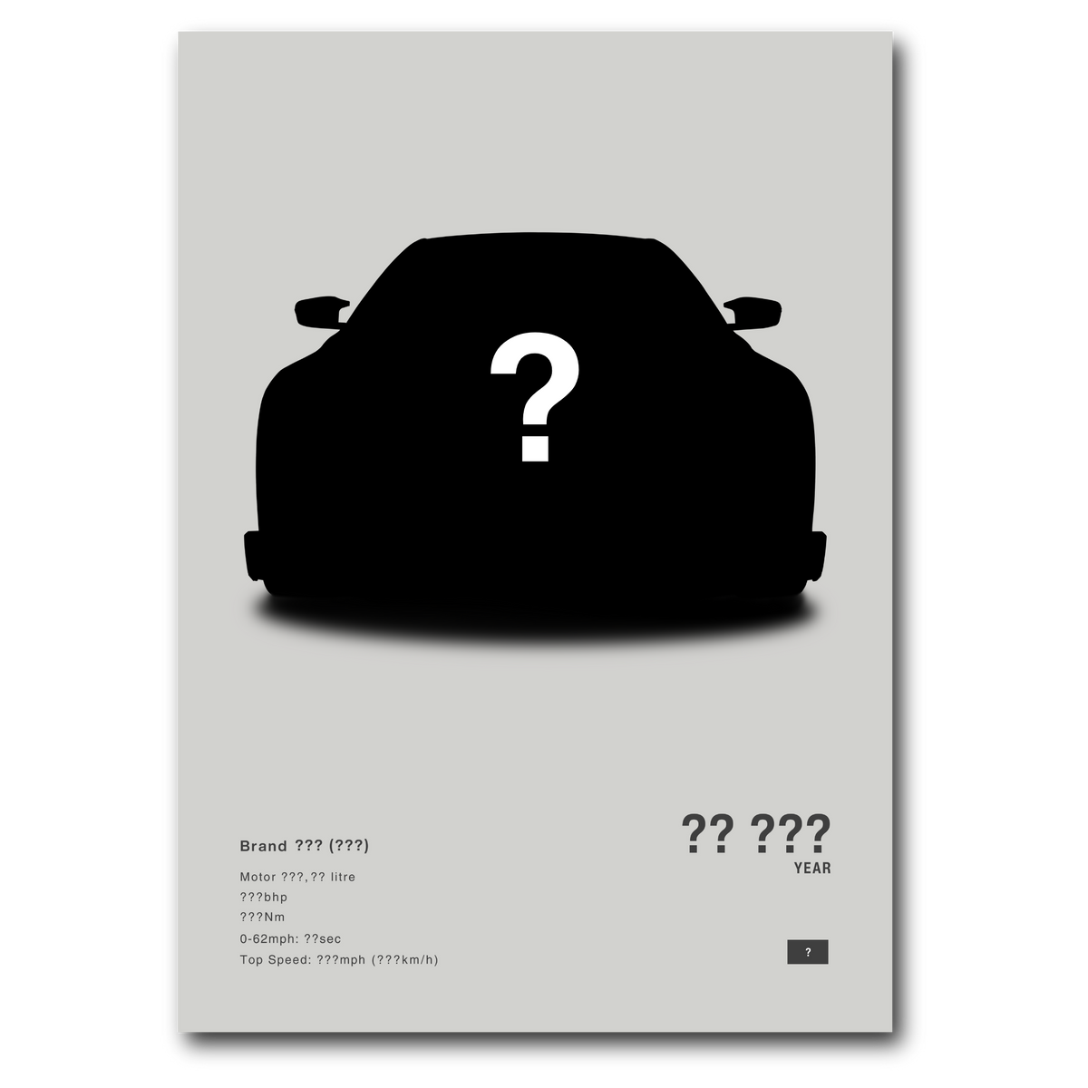 A gray custom-designed minimalist posters of cars, with prominent features such as the car's silhouette and text, representing the product offering.