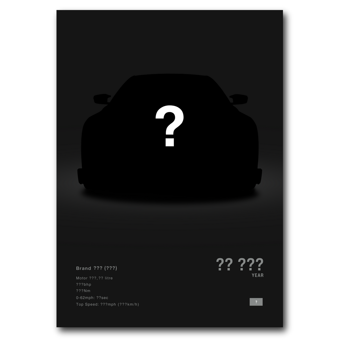 A black custom-designed minimalist posters of cars, with prominent features such as the car's silhouette and text, representing the product offering.