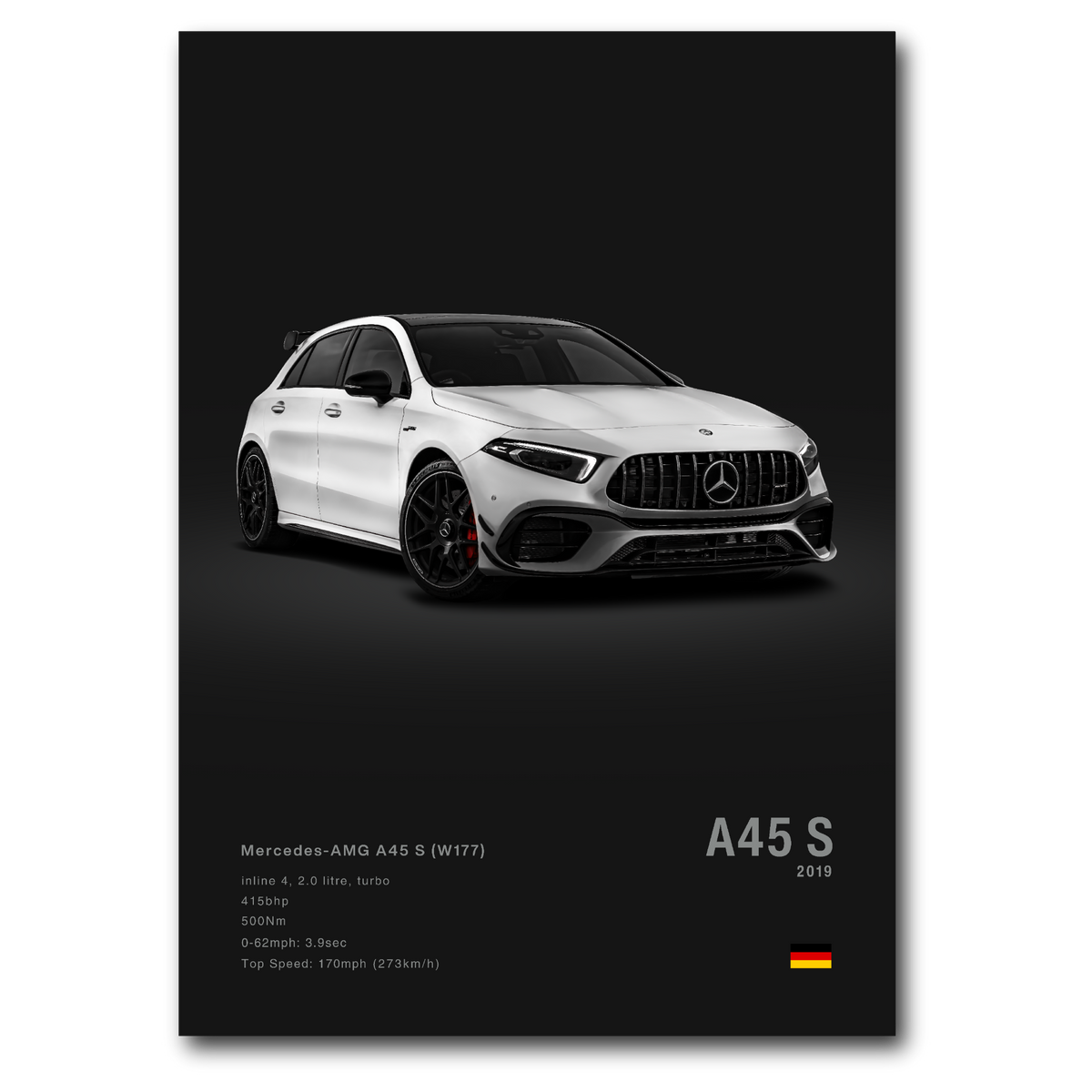 A poster featuring a white Mercedes-AMG A45 S model with details about the vehicle specifications printed at the bottom, on a dark background.