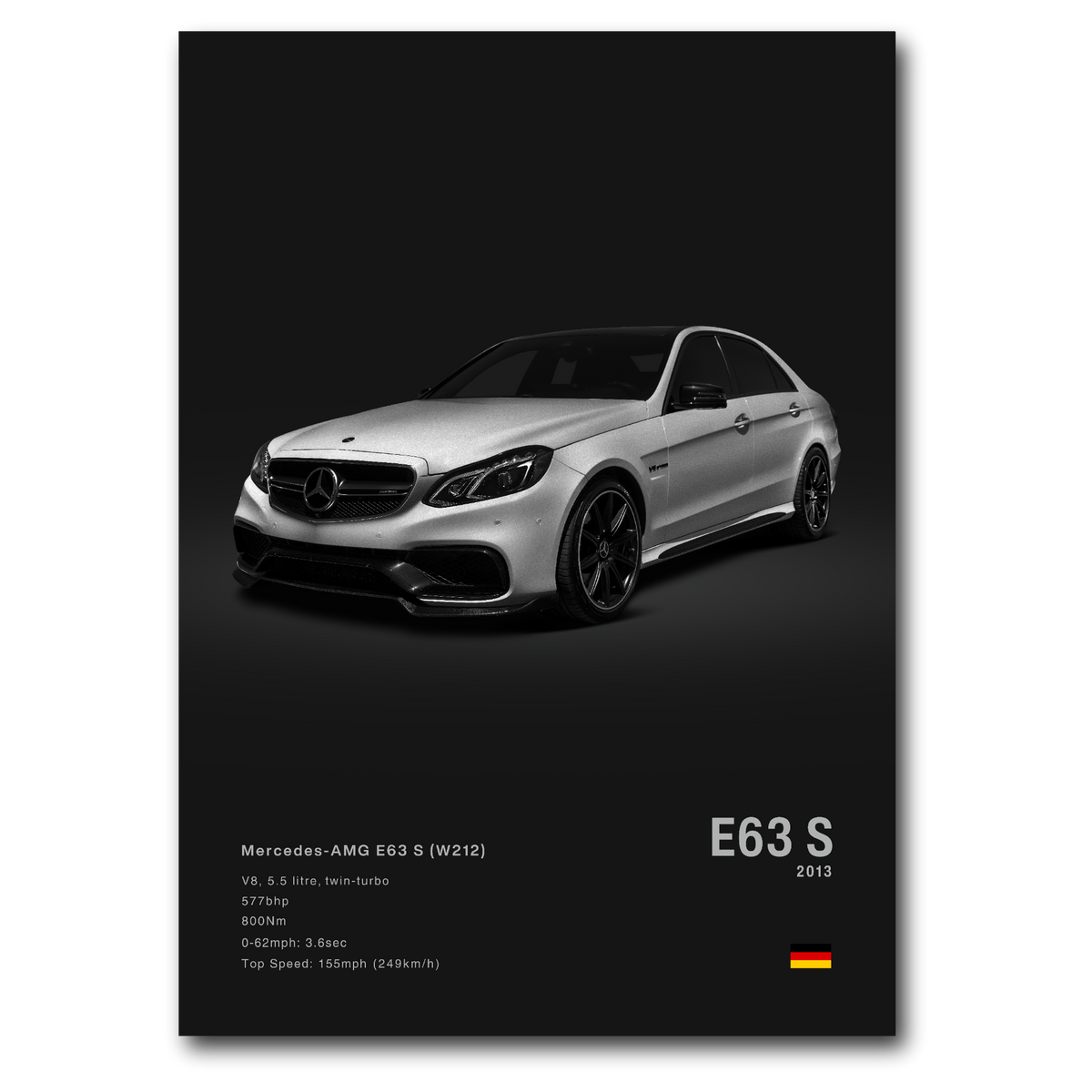 A poster of the Mercedes-Benz E63S AMG (W212) model in silver color, displaying the car against a black background with details of the model, engine, and power.
