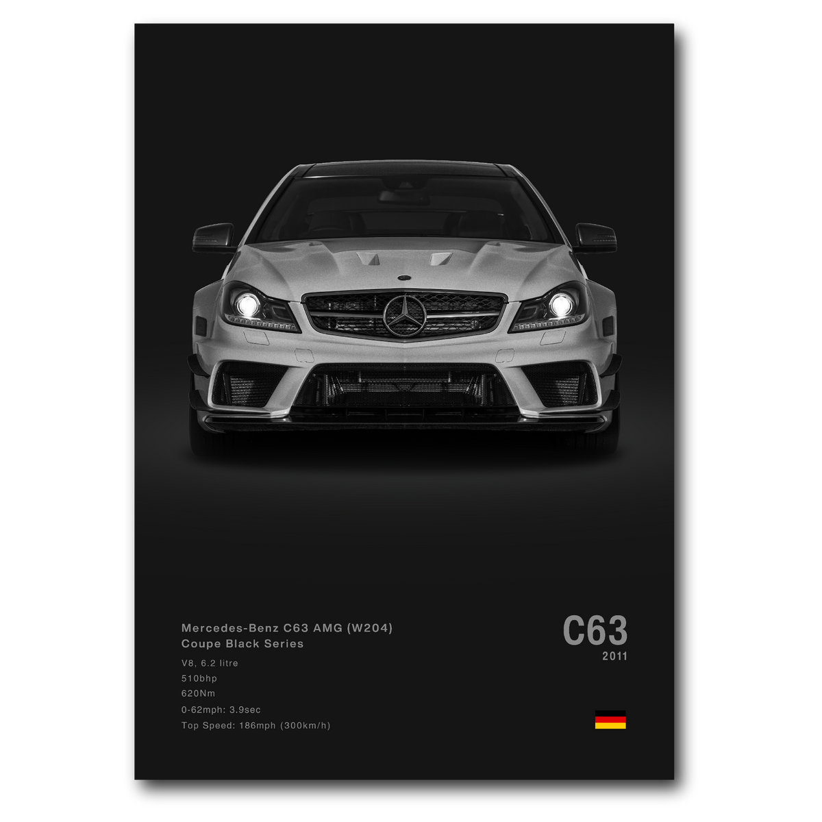 A poster of the Mercedes-Benz C63 AMG Black Series with a silver car on a dark background, featuring details such as the model year and engine size.