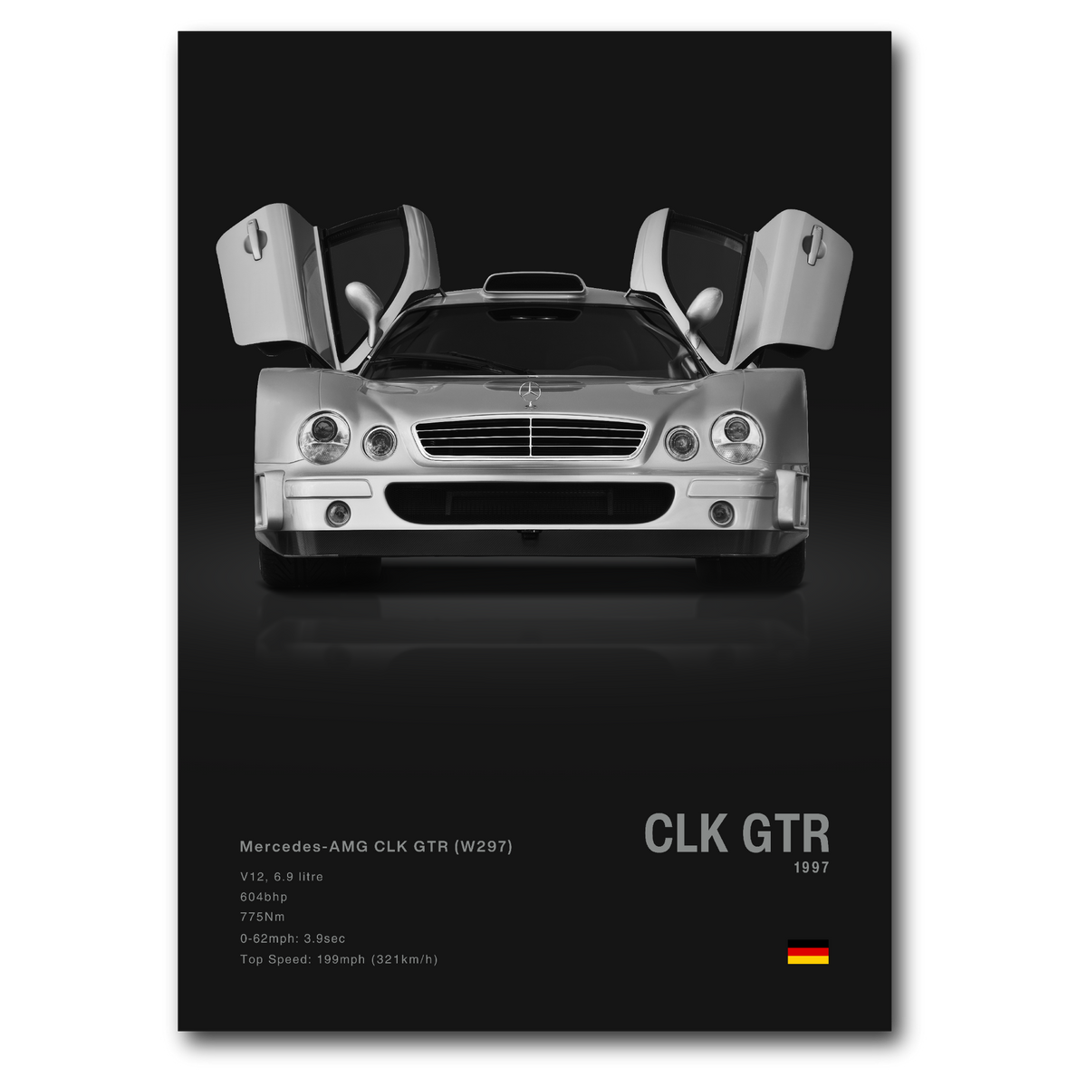 A poster of a silver Mercedes C63S AMG (W205) from a front point of view, on a black background, featuring details such as the model year and engine size on the bottom.