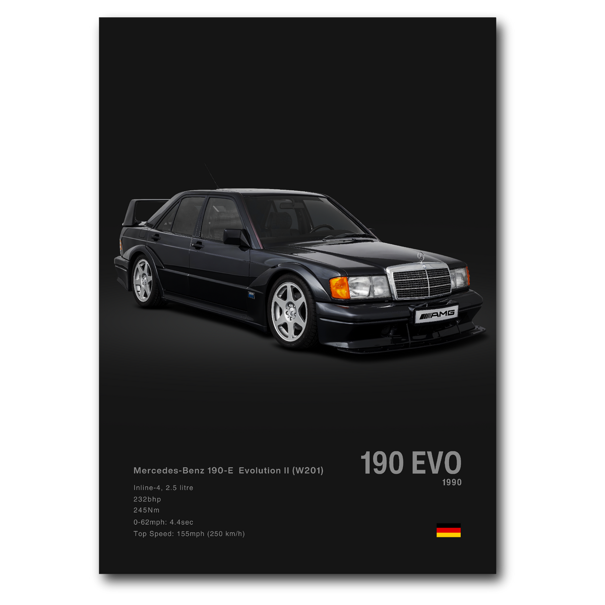 A high quality poster of the Mercedes-Benz 190E Evolution II car in black color with details about the model specifications on it. Minimalist poster with a dark background.