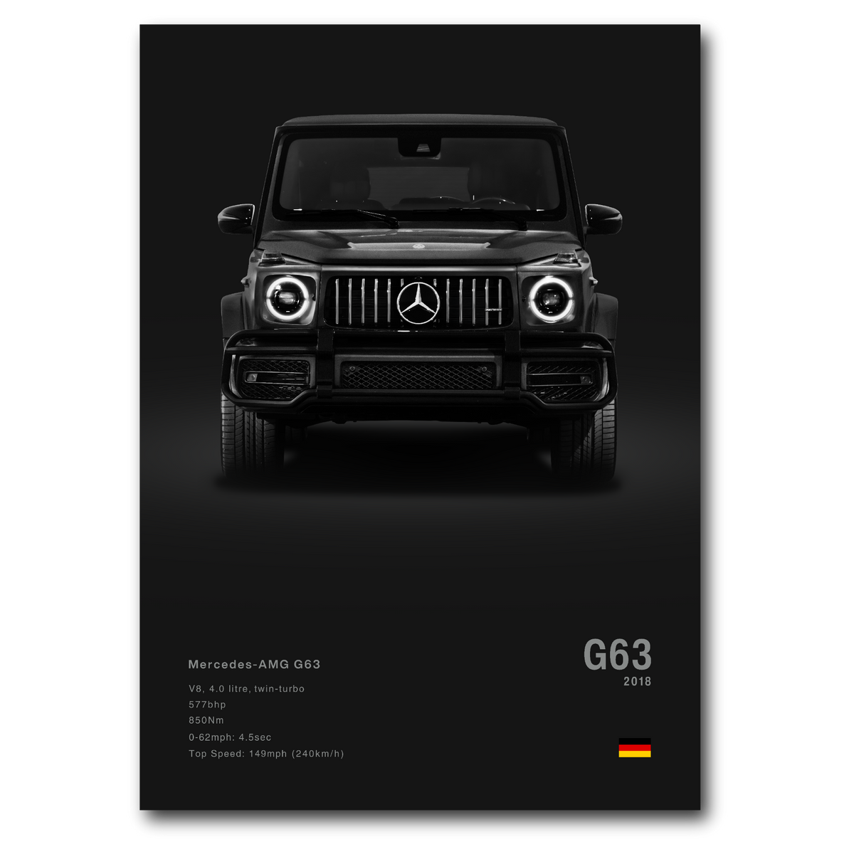A poster of the Mercedes-Benz G63 AMG luxury SUV featuring the front view of the vehicle on a dark background with the model name and specifications below.