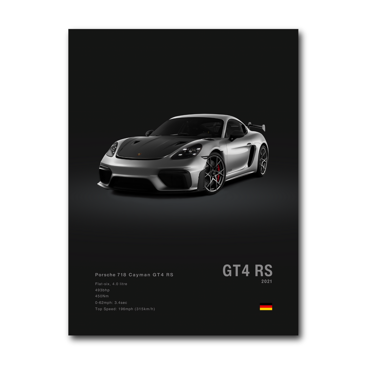A dark background poster showing the front of a 2021 Porsche 718 Cayman GT4RS, with car specifications such as the engine type, horsepower, top speed and torque on the bottom of the image.