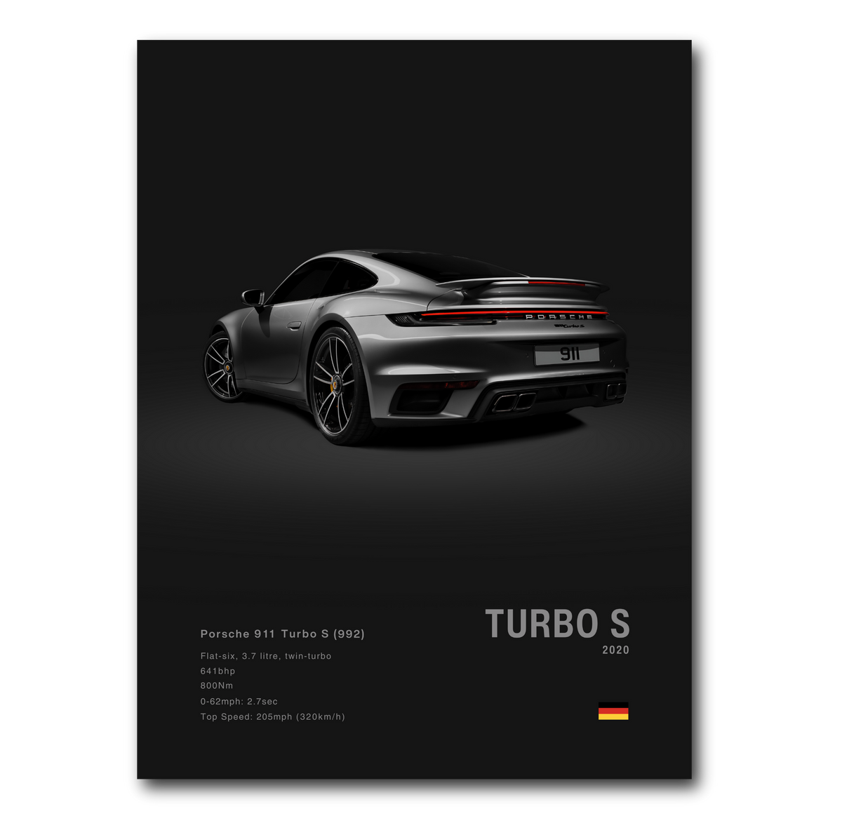 A poster featuring a Porsche 911 Turbo S (992) in gray color from the back, with the model name 'TURBO S' , on a dark background.