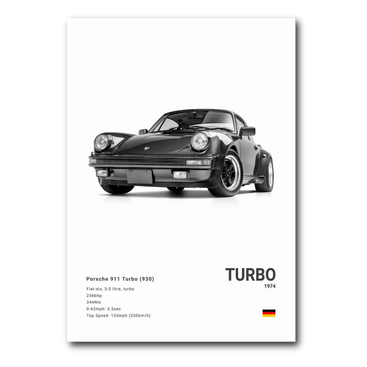 A poster featuring a black Porsche 911 930 Turbo from a 3/4 front point of view, with the label 'TURBO', with a white background and car details at the bottom.