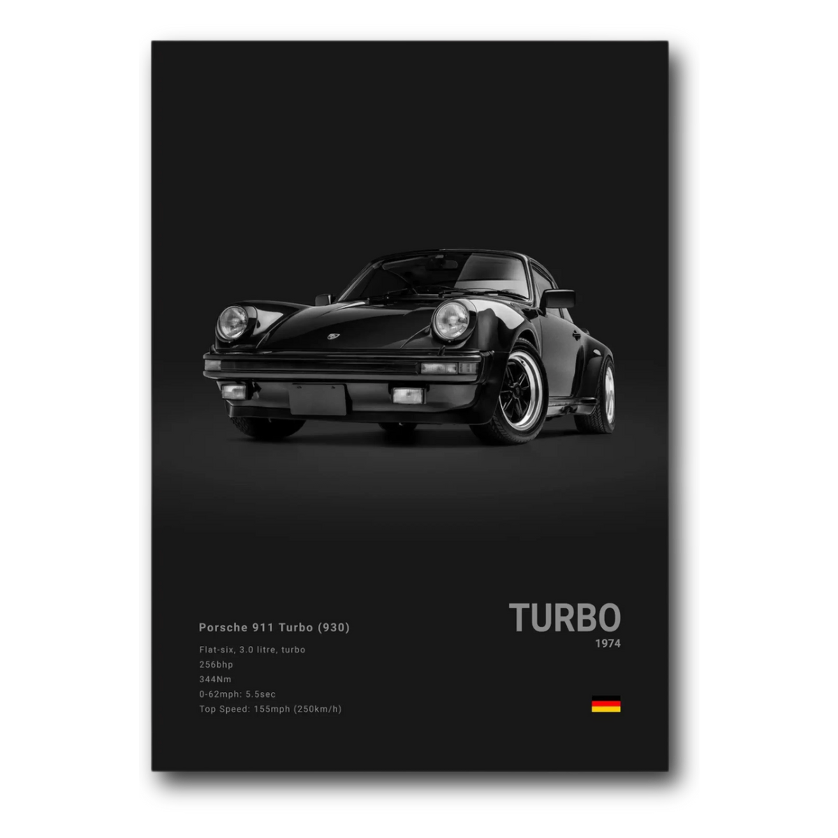 A poster featuring a black Porsche 911 930 Turbo from a 3/4 front point of view, with the label 'TURBO', with a black background and car details at the bottom.
