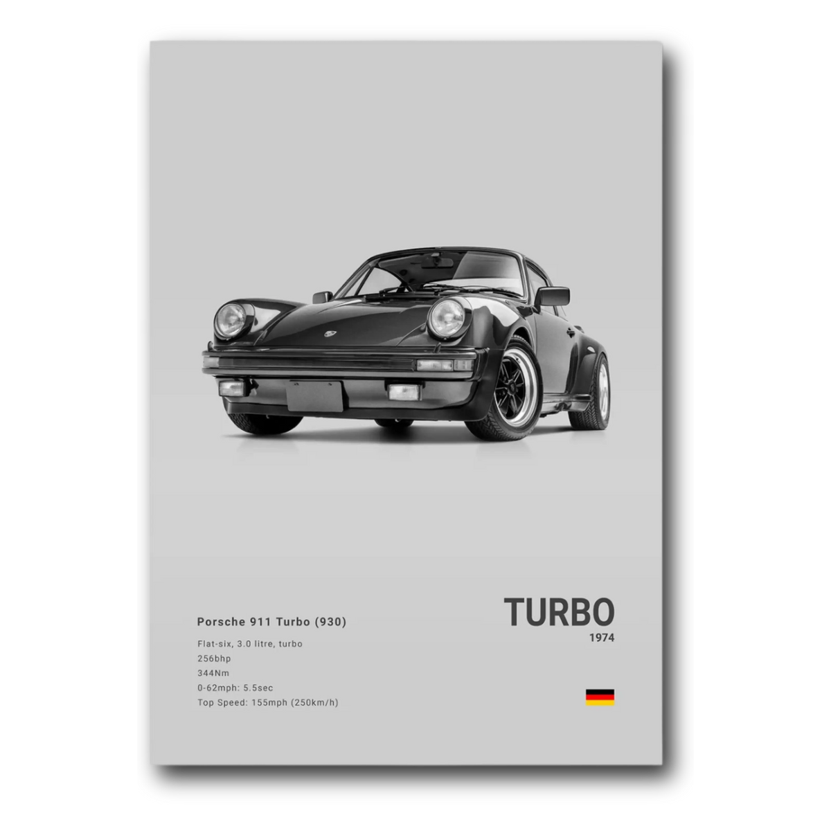 A poster featuring a black Porsche 911 930 Turbo from a 3/4 front point of view, with the label 'TURBO', with a gray background and car details at the bottom.