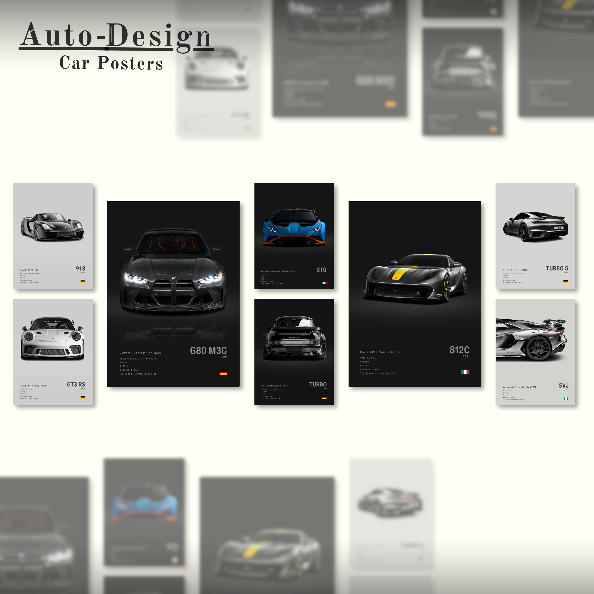 Set of 8 car posters with various models, 2 sizes and 2 background colors. Perfect decoration for garages and dealerships.