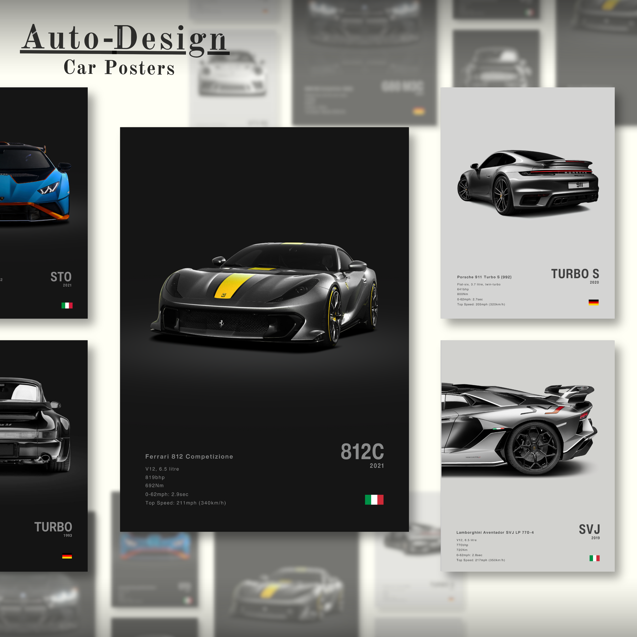 Collection of car posters featuring high-performance vehicles with 'Auto-Design' branding.