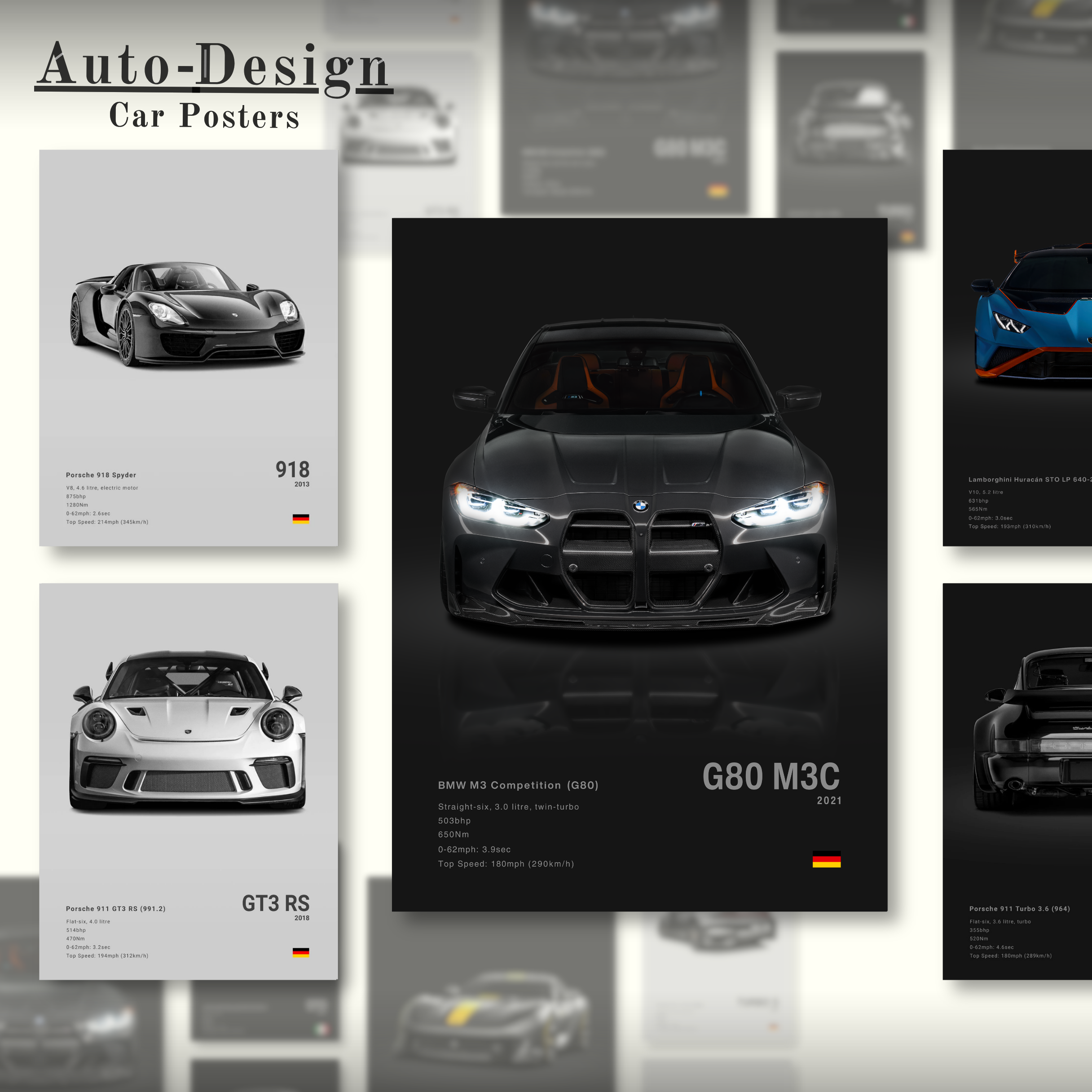 Collection of car posters featuring high-performance vehicles with branding and model details.