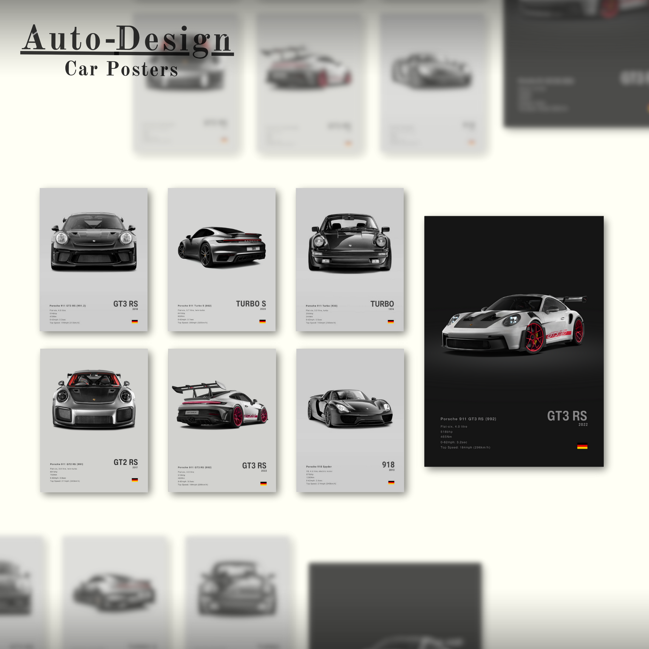 Collection of high quality car posters featuring various Porsche models with 'Auto-Design' branding. Perfect decoration for every car-guy.