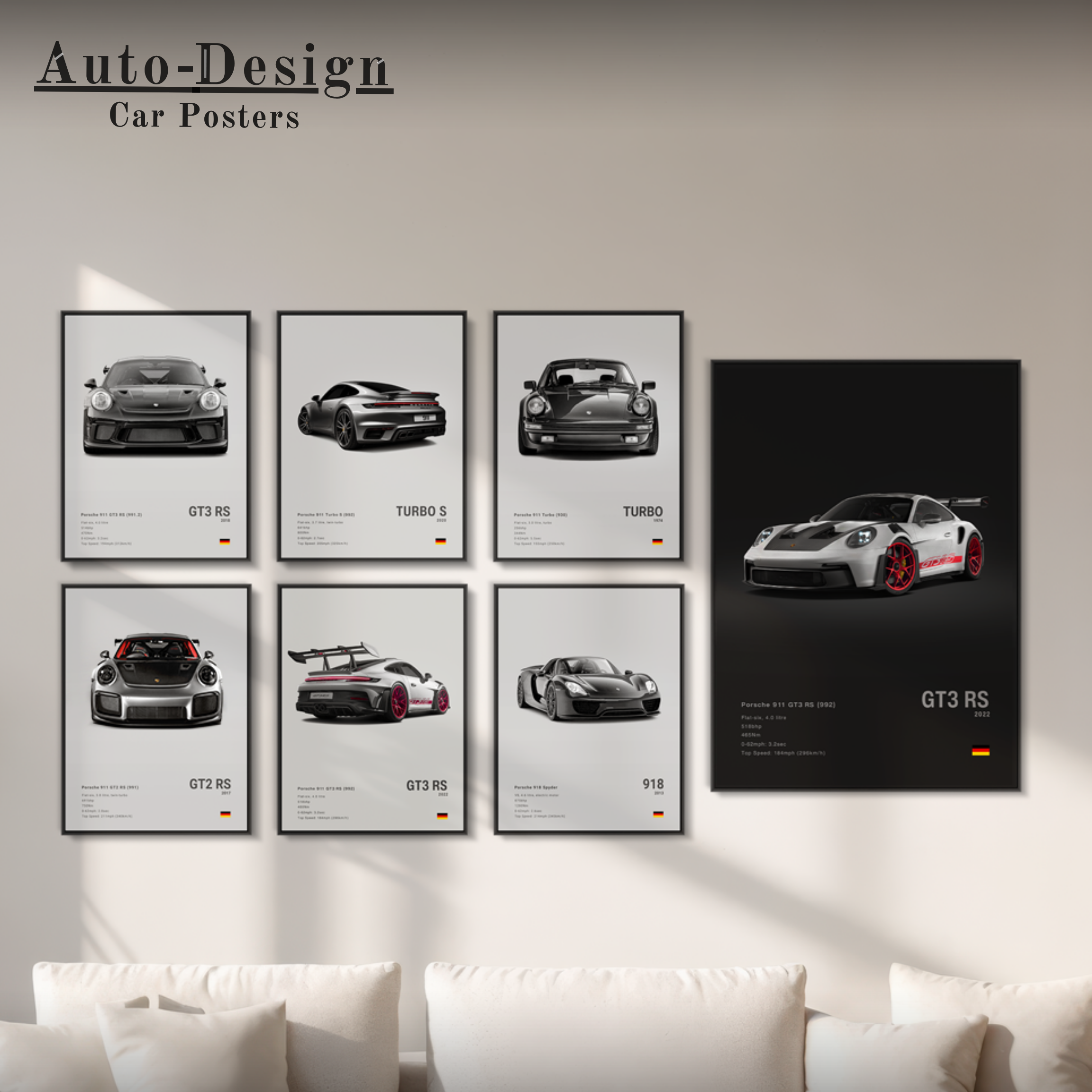 Collection of high quality framed car posters featuring various Porsche models with 'Auto-Design' branding. Perfect decoration for every car-guy.
