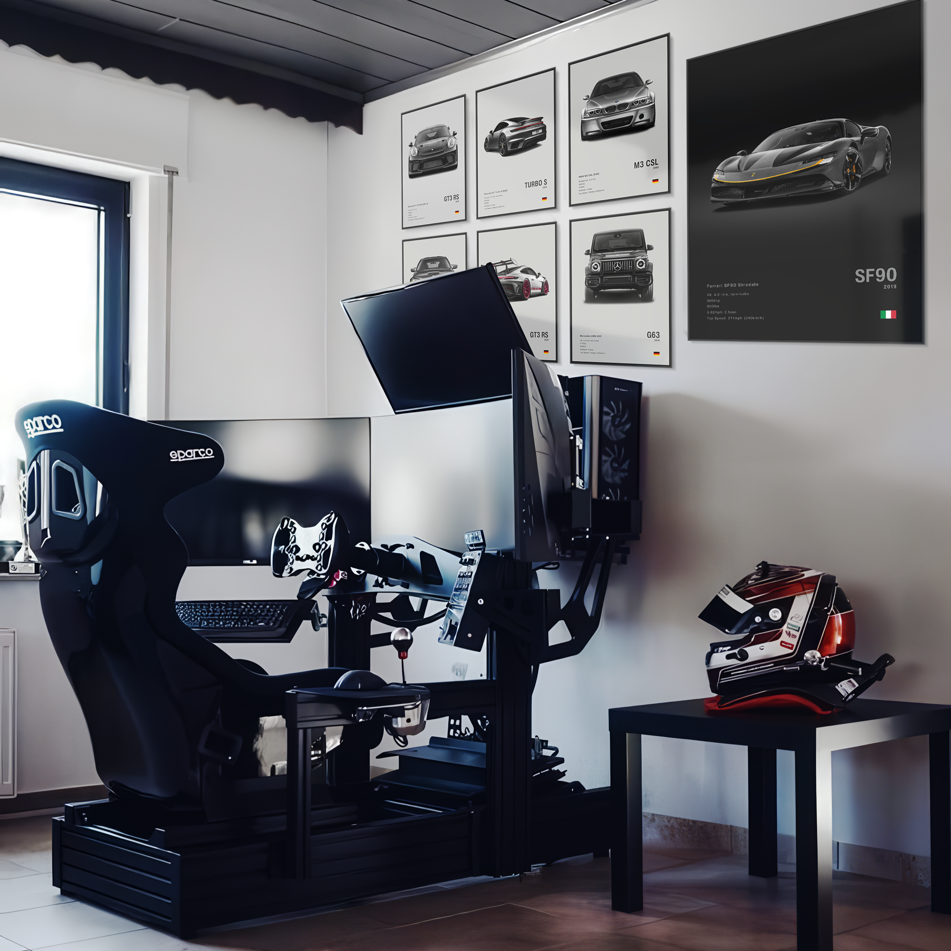 Room with a car simulation setup and automotive-themed decor