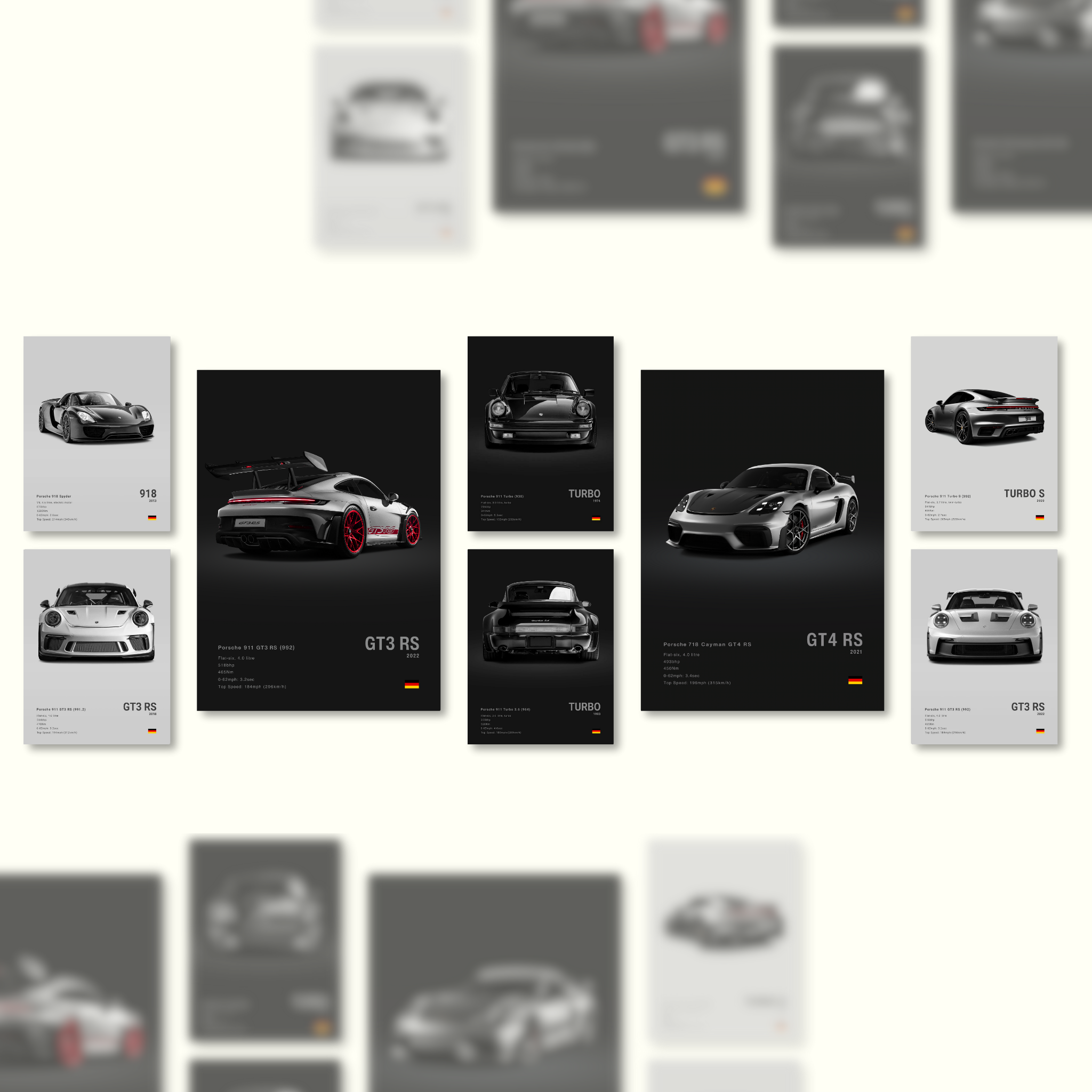 A collection of seven black and white posters featuring different Porsche cars with a clean design and key specs displayed.