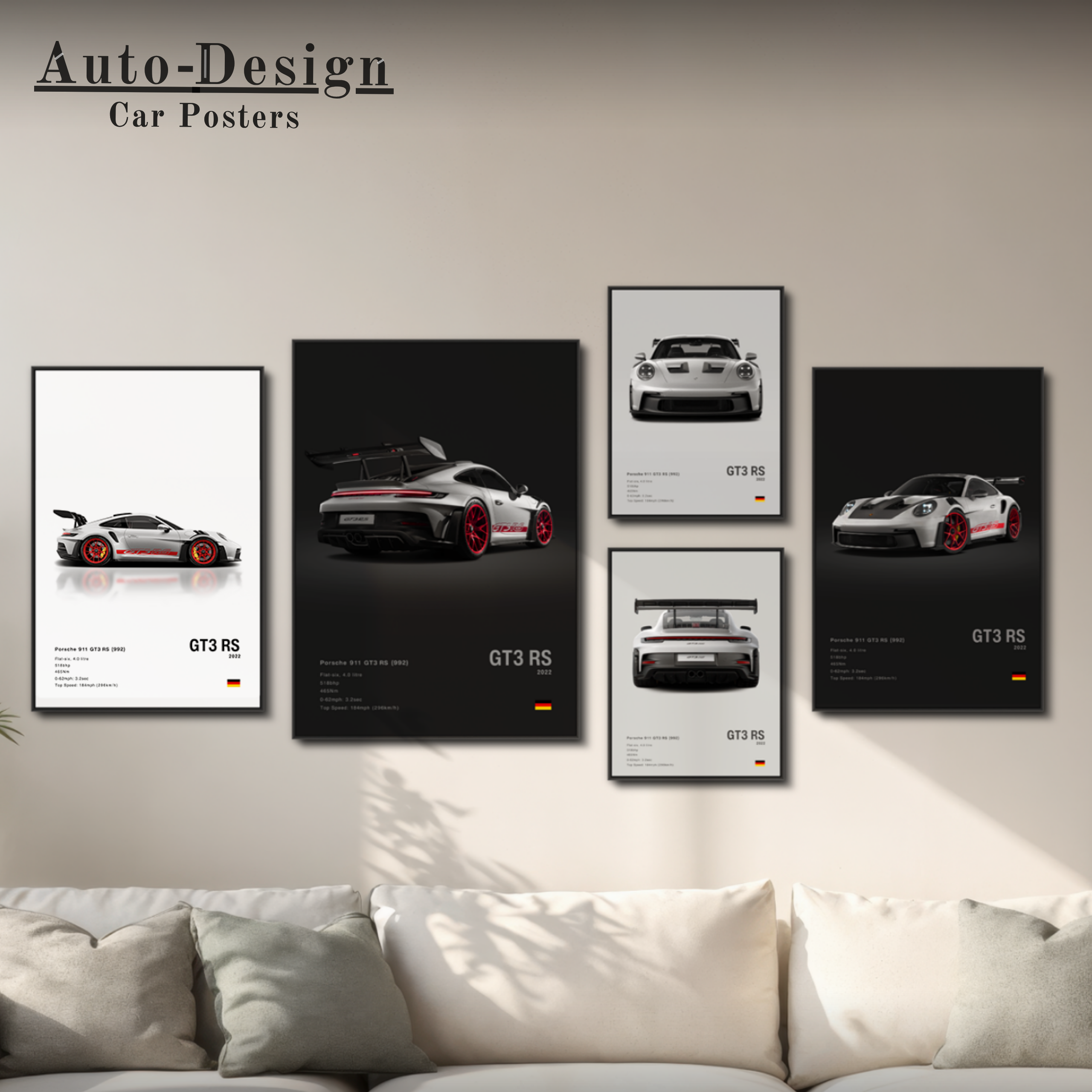 Set of Porsche 911 992 Porsche car posters on a wall above a sofa with 'Auto-Design Car Posters' branding.