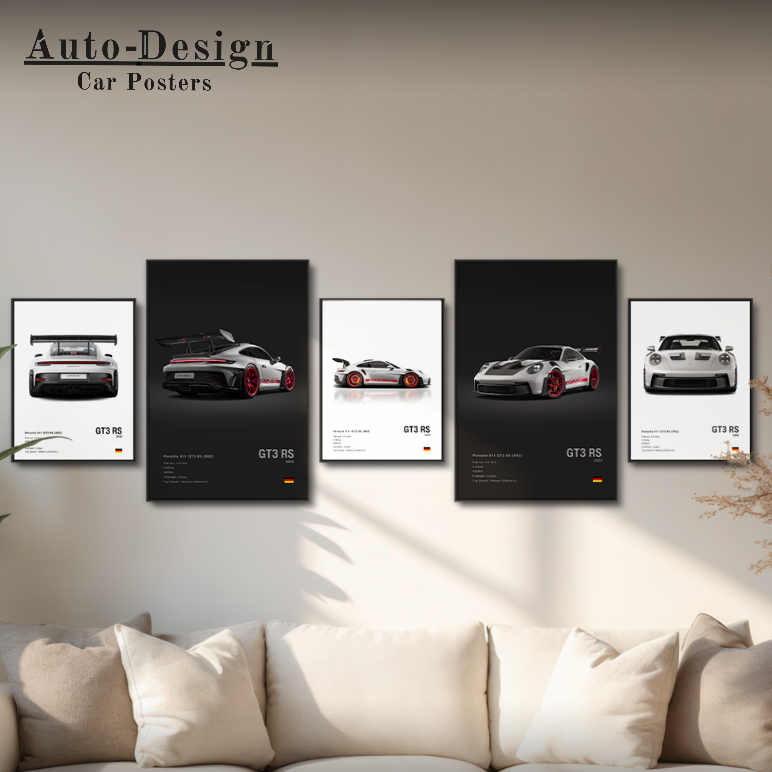 Bundle of Porsche 911 992 Porsche car posters on a wall above a sofa with 'Auto-Design Car Posters' branding.