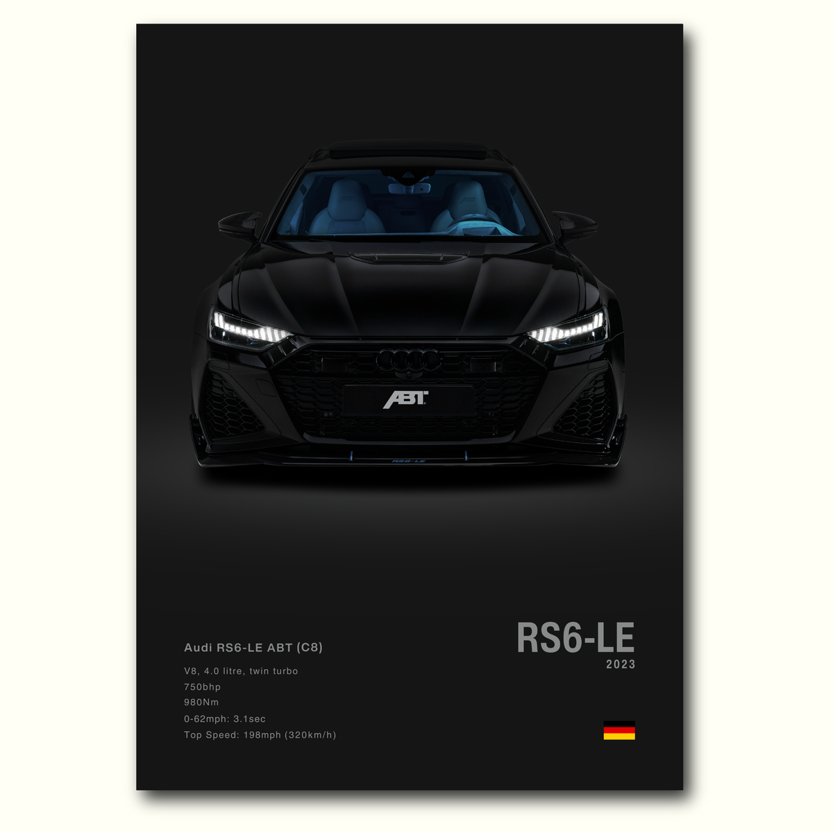 Audi RS6-LE ABT car poster with front view on a black background