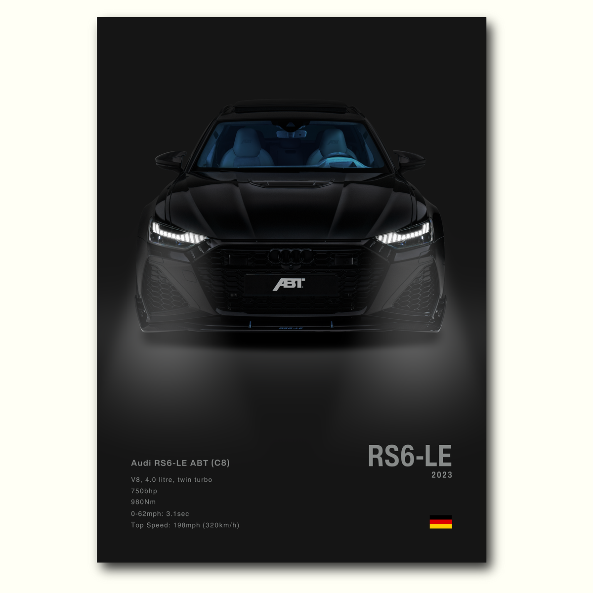 Audi RS6-LE ABT car poster with front view on a black background and headlights on