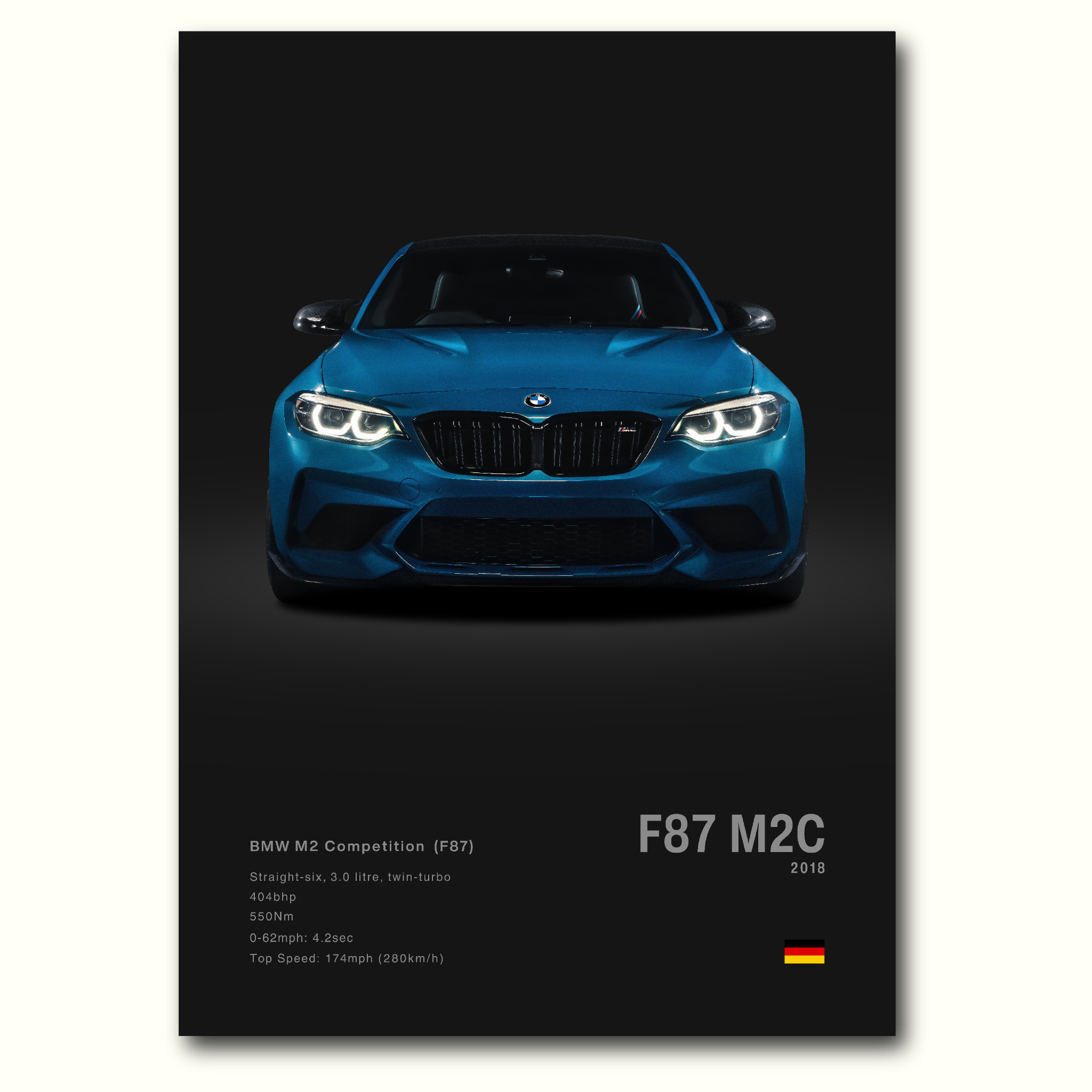 Poster minimaliste de BMW M2 Compétition F87 bleue vue de face fond noir