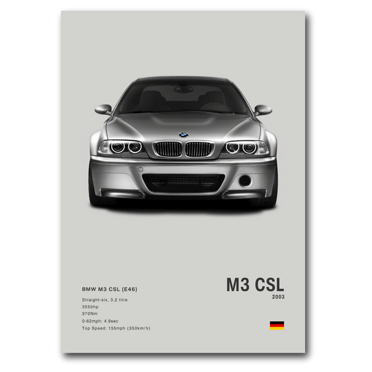 Poster de la BMW M3 CSL E46 grise sur fond gris vue de face