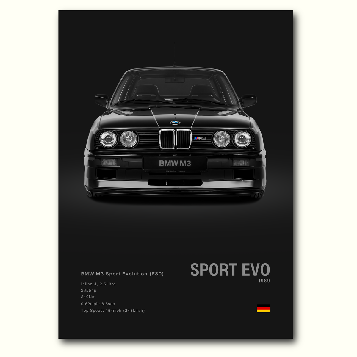 Black BMW M3 Sport Evolution car poster on a dark background with text and car specifications. Minimalist poster.