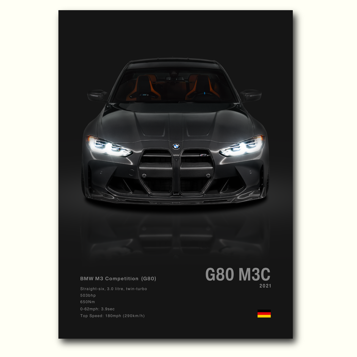 A poster of the BMW M3 Competition (G80) with aero components from Vorsteiner, showing the front view of the car in a grey color, with details about the model and performance on a dark background. Minimalist poster