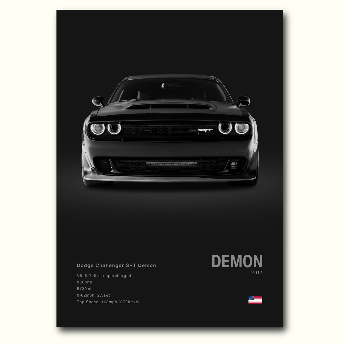 Black Dodge Challenger SRT Demon car on a dark background with specifications below.