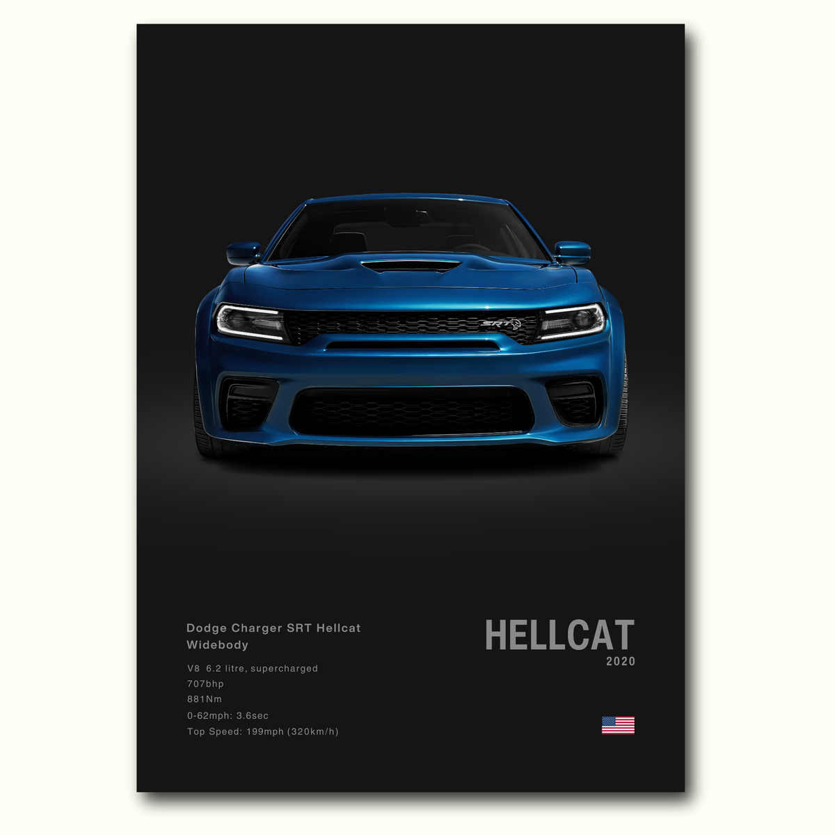 Blue Dodge Charger SRT Hellcat car poster on a dark background with specifications listed. Minimalist poster for muscle car enthusiasts.