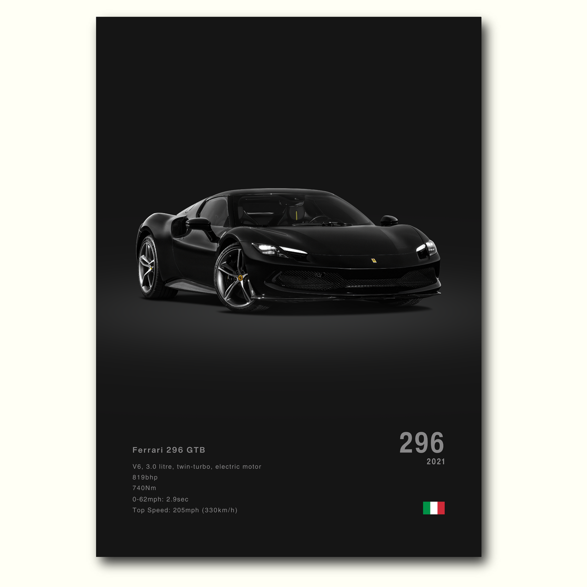 Black Ferrari 296 GTB car poster on a black background with specifications displayed on the bottom.
