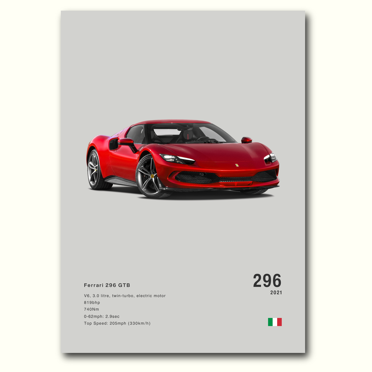 Red Ferrari 296 GTB poster on a gray background with car details on the bottom.