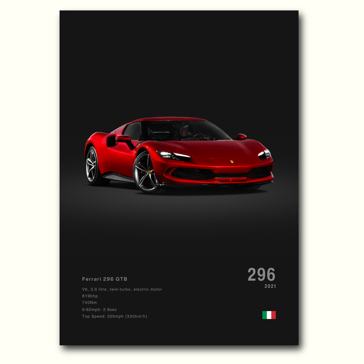 Red Ferrari 296 GTB poster on a black background with specifications displayed on the bottom.