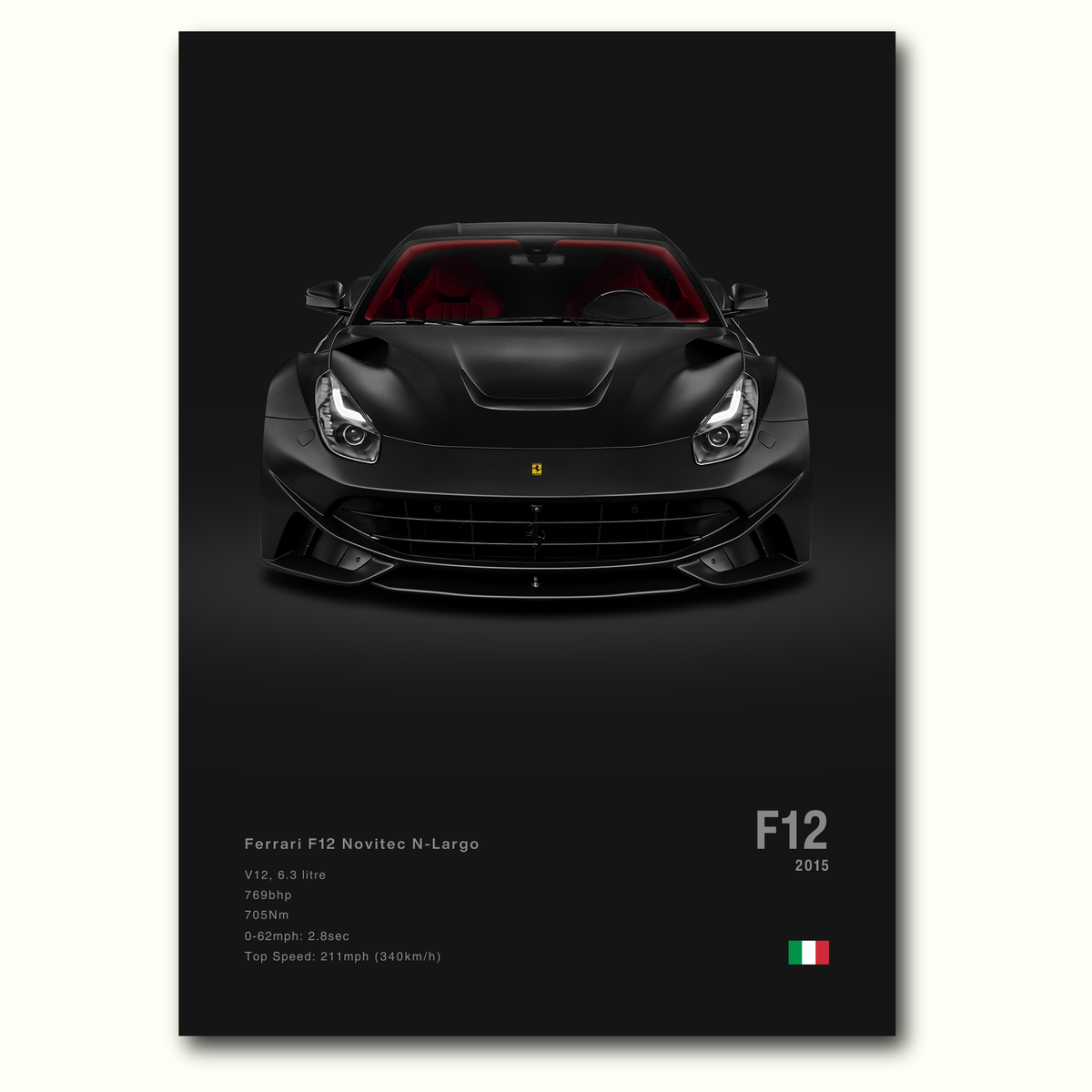 Black Ferrari F12 Novitec N-Largo poster with car specifications on the bottom, on a dark background.