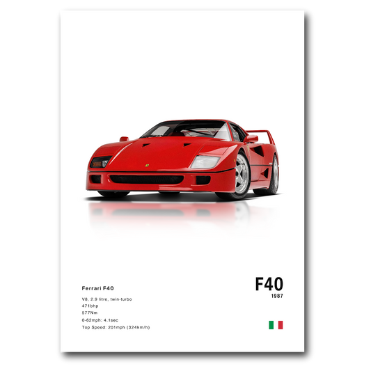Poster de la Ferrari F40 rouge sur fond blanc  vue de face
