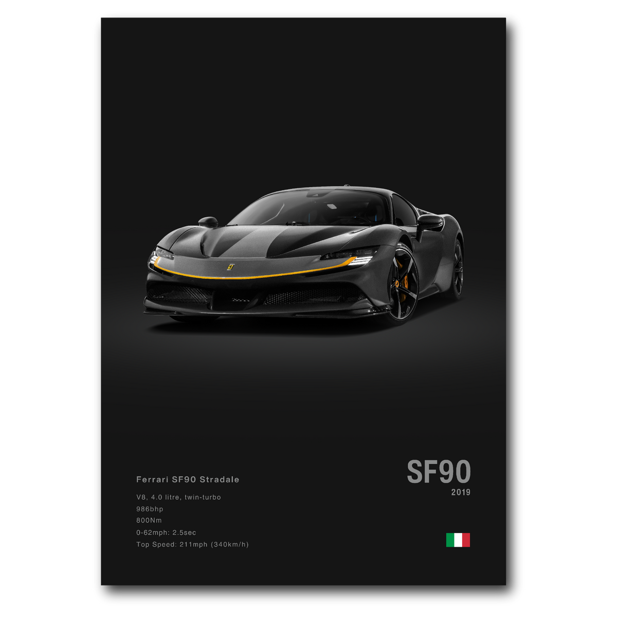 A poster featuring the Ferrari SF90 Stradale, displaying the car in a static image with a dark background, including details about the model.