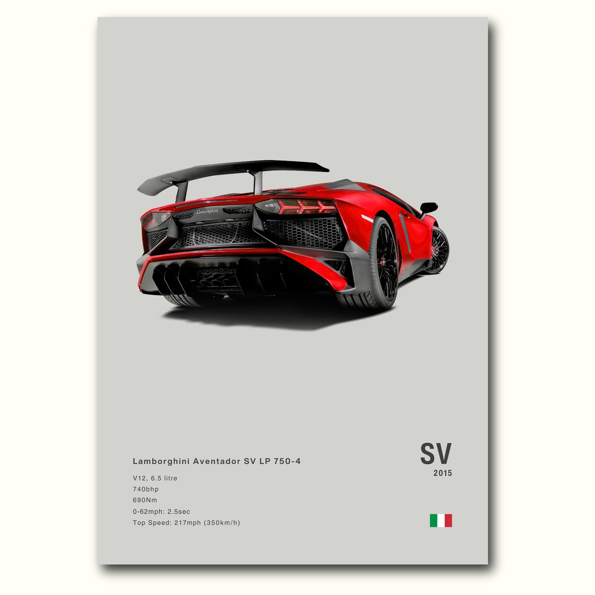 A poster with the back view of a red Lamborghini Aventador SV LP 750-4 poster with car details on a gray background.
