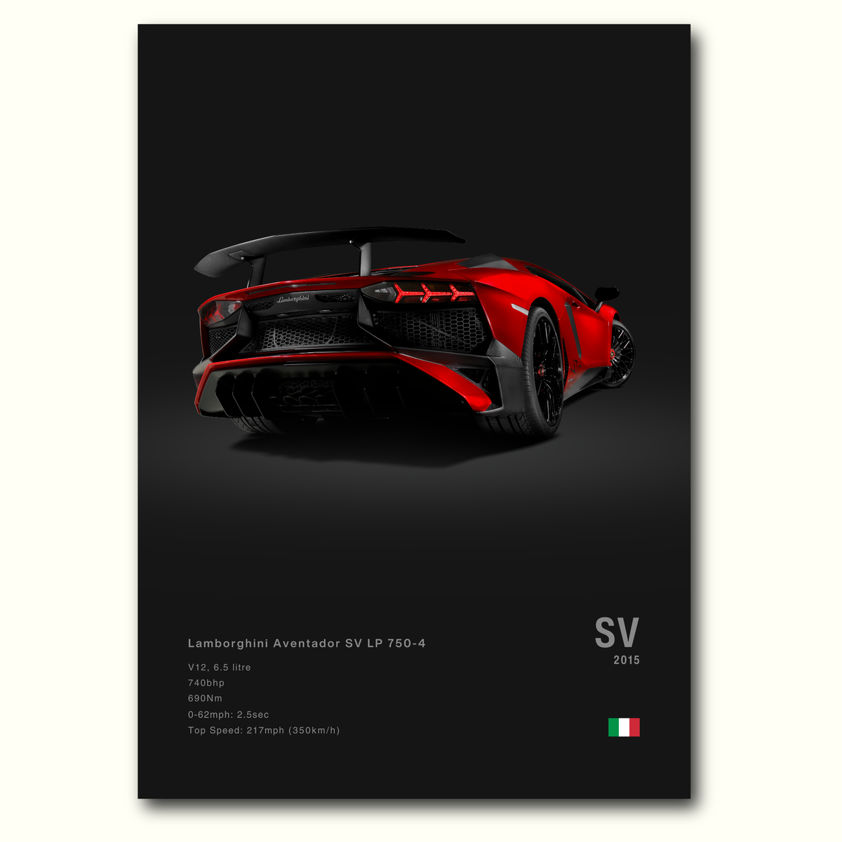 A poster with the back view of a red Lamborghini Aventador SV LP 750-4 poster with car details on a dark background.