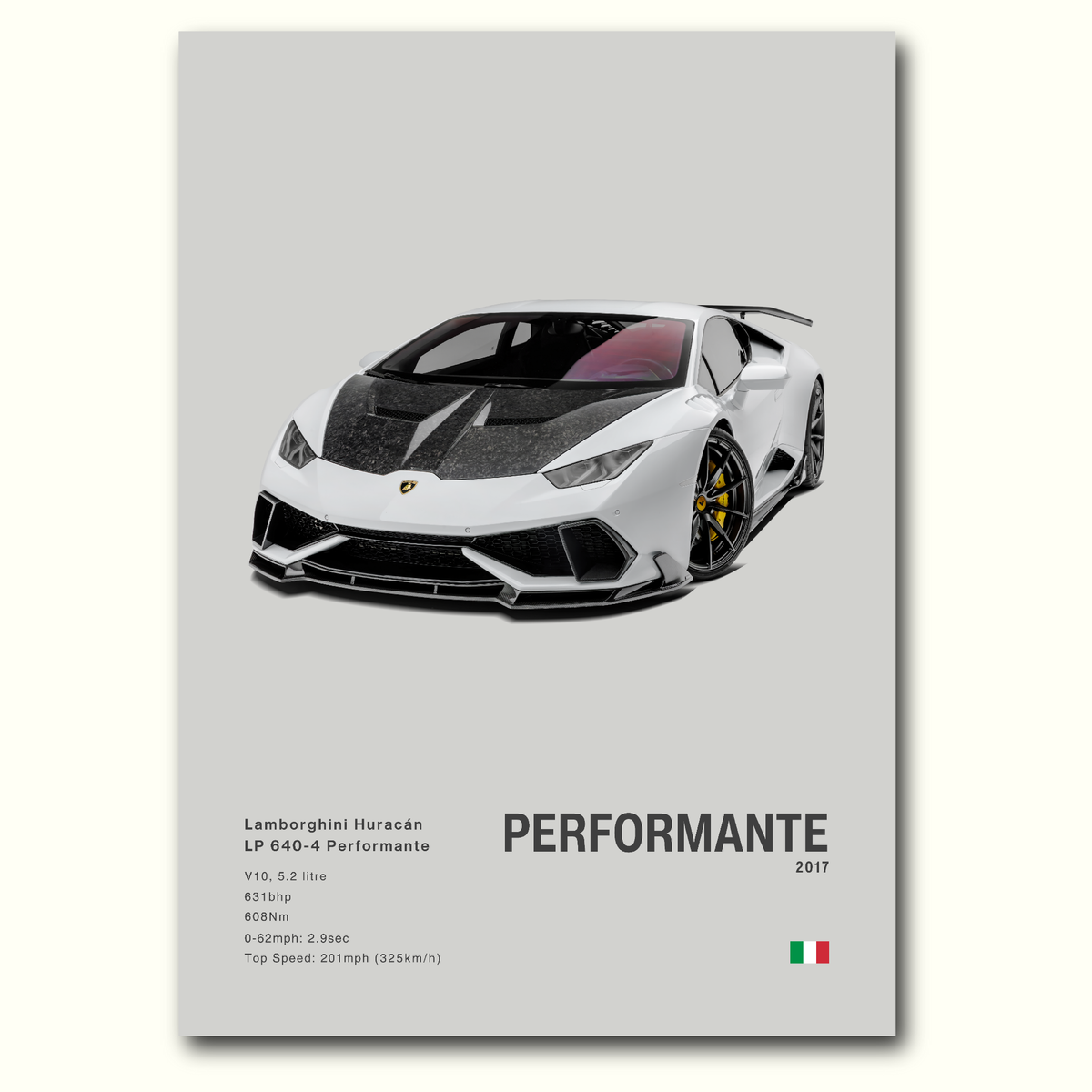 Lamborghini Huracán Performante with headlights off poster with car illustration and specifications on a gray background.