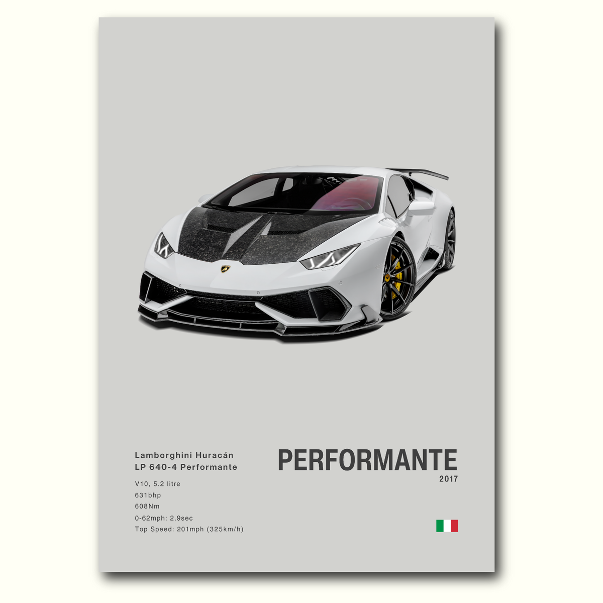 Lamborghini Huracán Performante with headlights on poster with car illustration and specifications on a gray background.