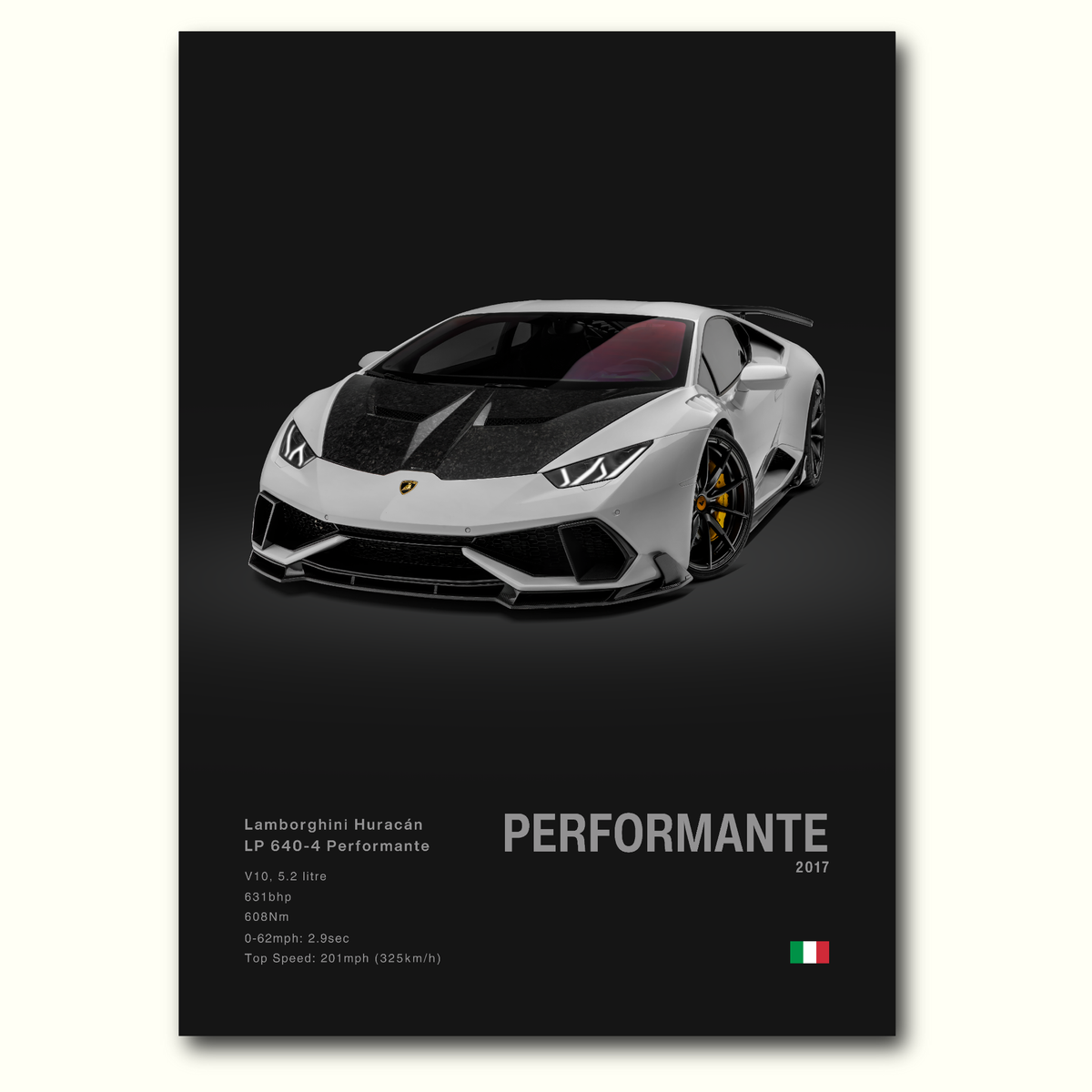 Lamborghini Huracán Performante with headlights on poster with car illustration and specifications on a dark background.