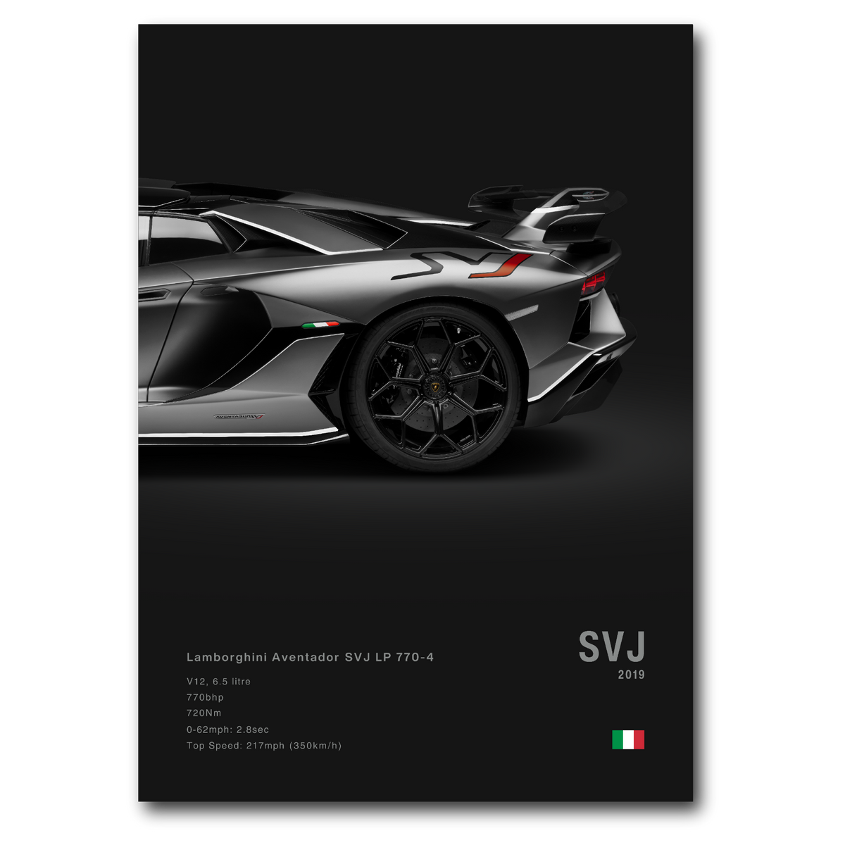 A poster featuring the Lamborghini Aventador SVJ in gray color, displaying the car's rear view with a focus on its design details and specifications. Minimalist car poster with dark background.