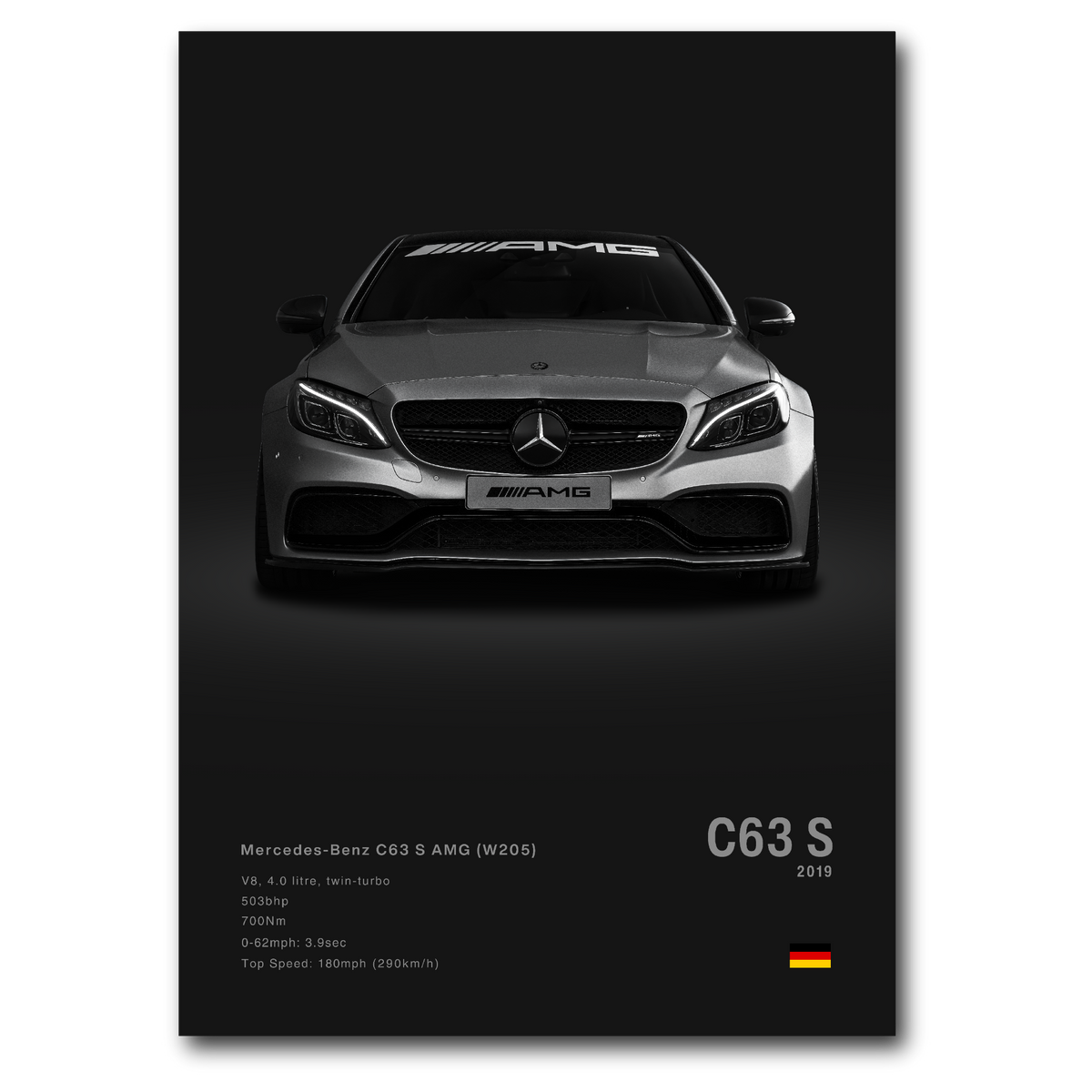 A poster of a silver Mercedes C63S AMG (W205) from a front point of view, on a black background, featuring details such as the model year and engine size on the bottom.
