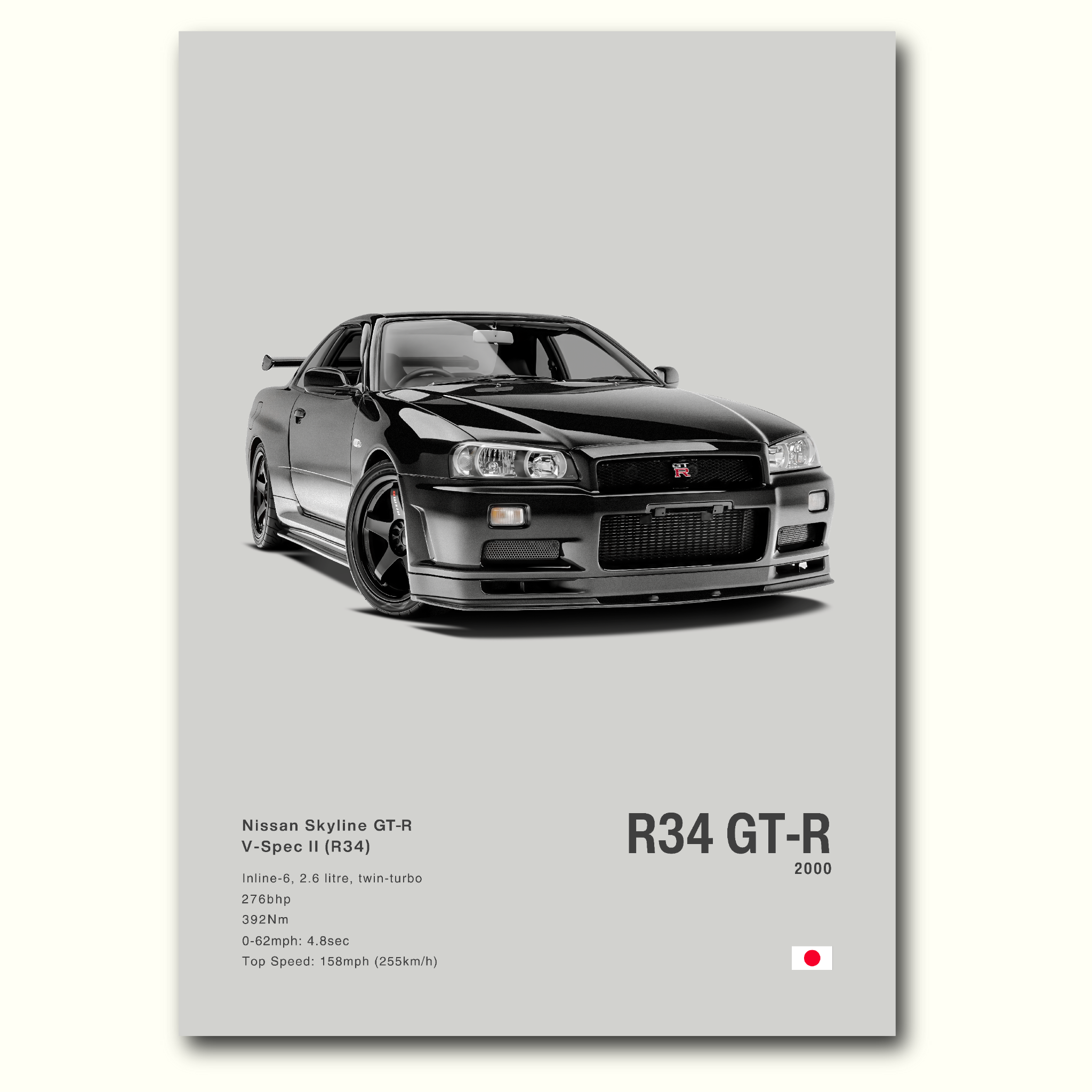 Poster Nissan Skyline GT-R R34 vue de face fond gris