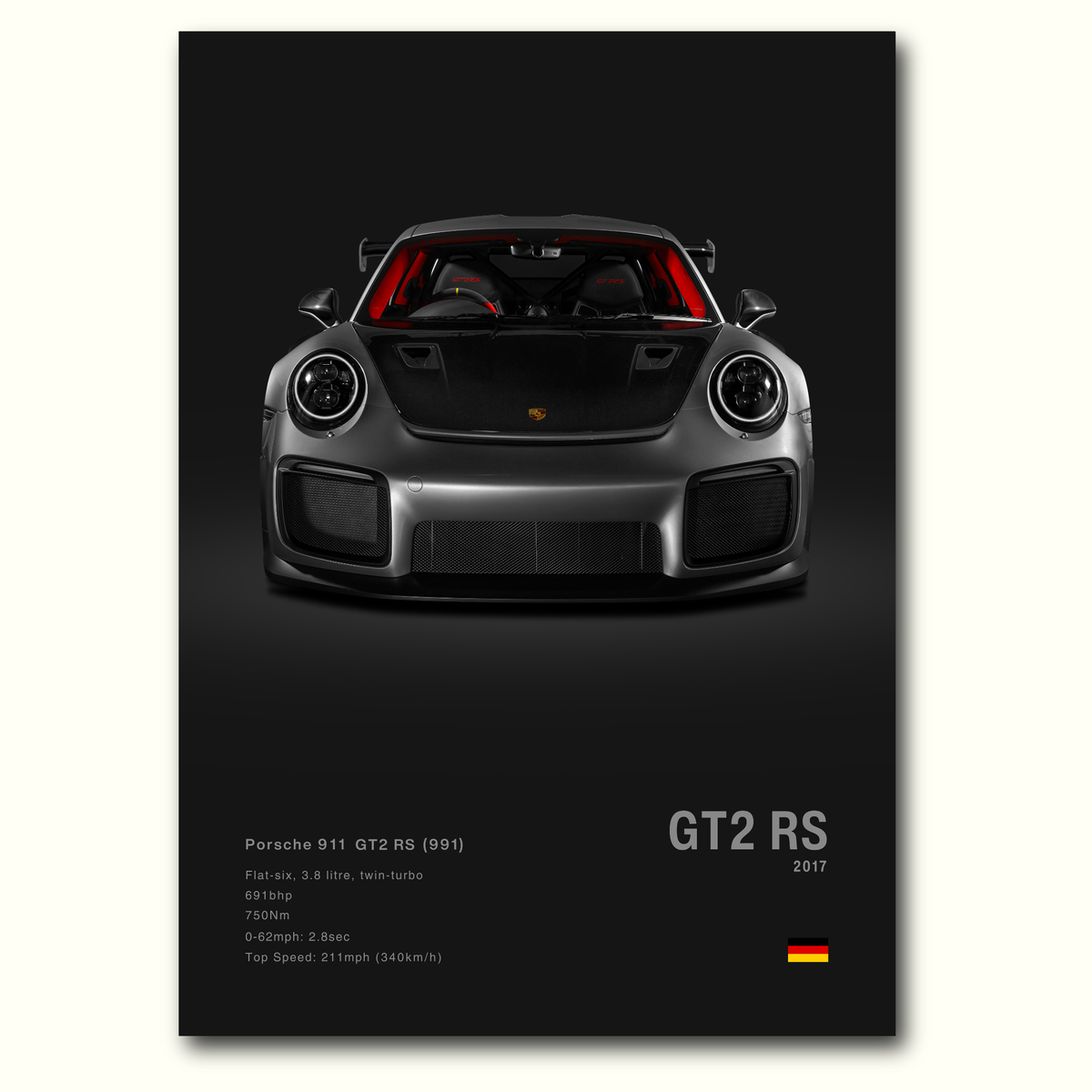 Porsche 911 GT2 RS poster with car details on a black background