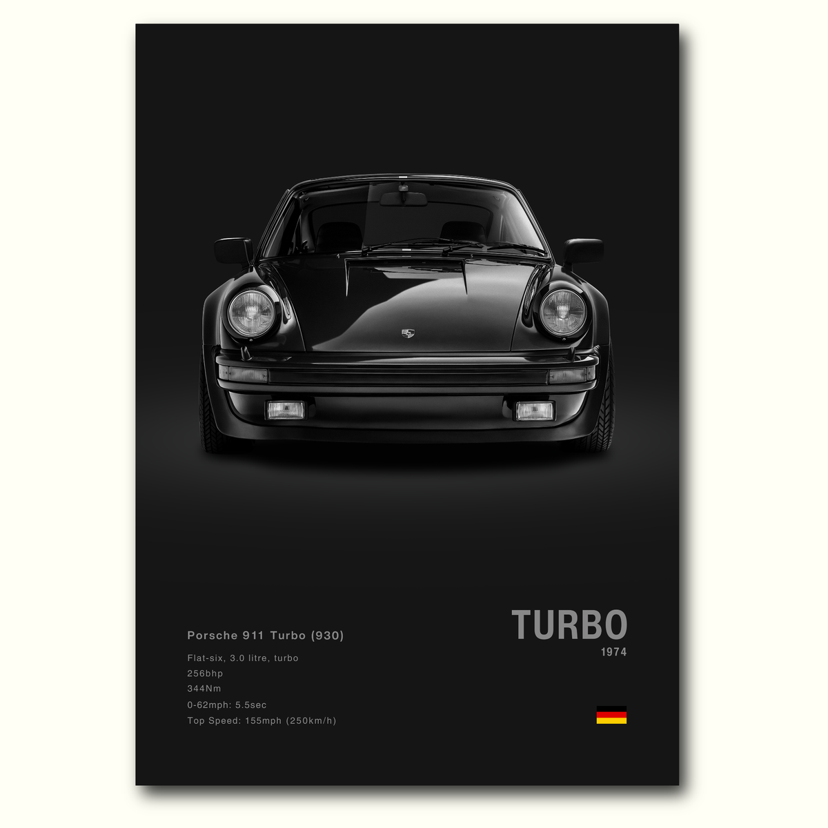 Black Porsche 911 Turbo car on a dark background with text and design elements.