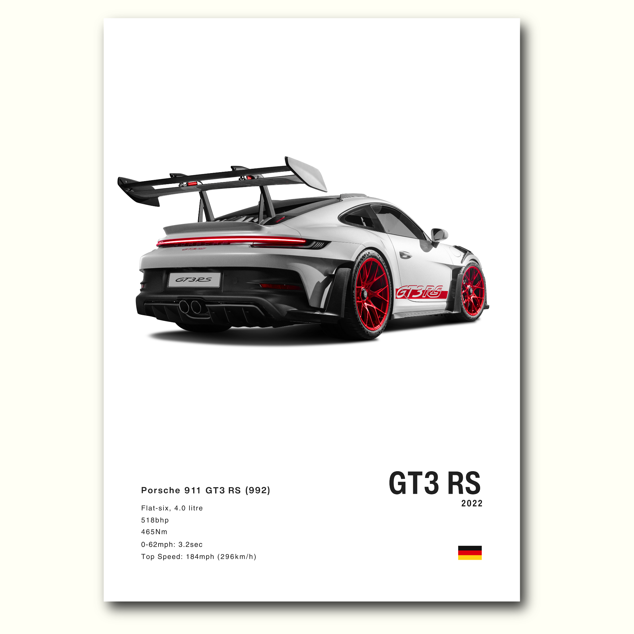 Poster of a Porsche 911 GT3 RS with specifications on a white background