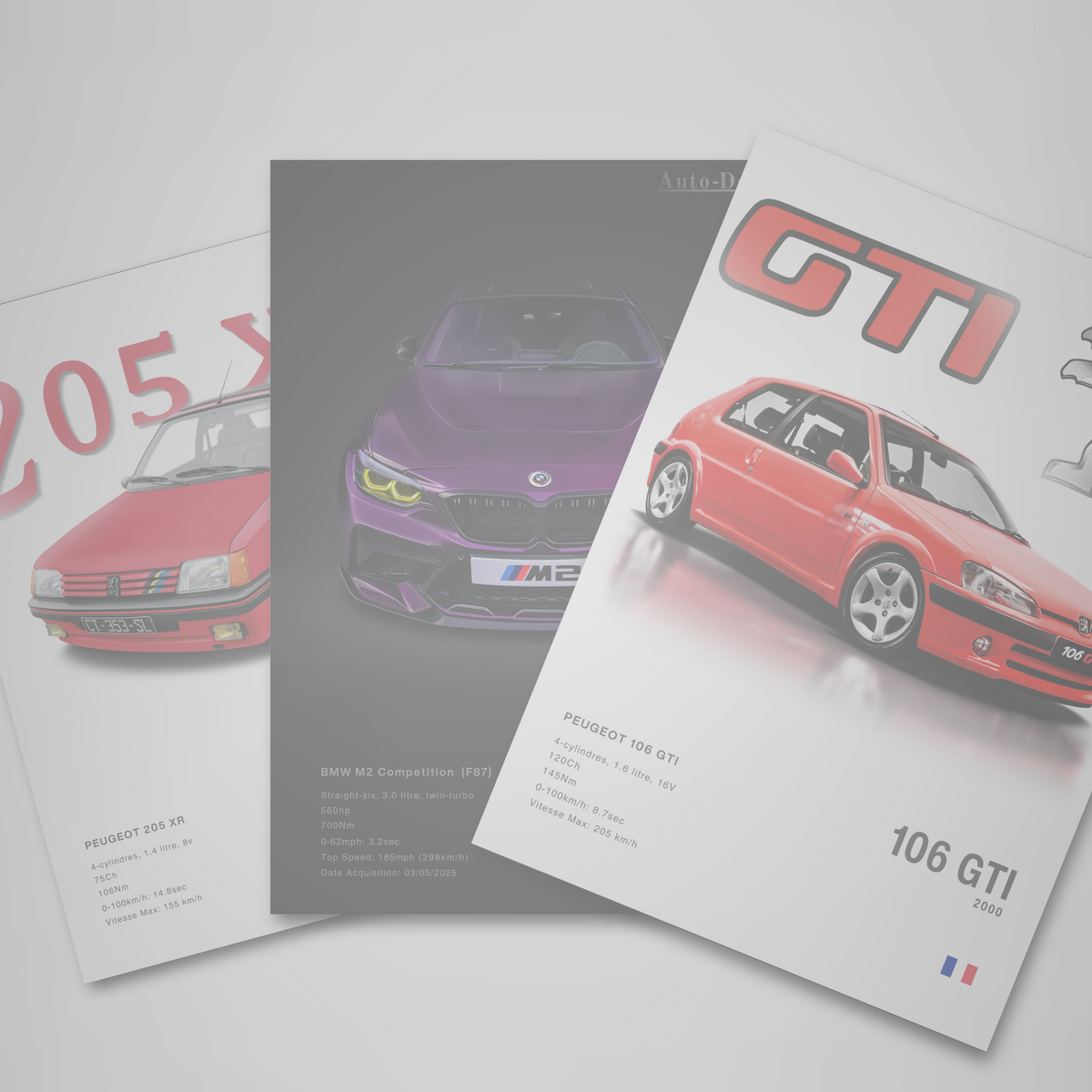A photo showing 3 examples of personalized posters made by auto-design.store .